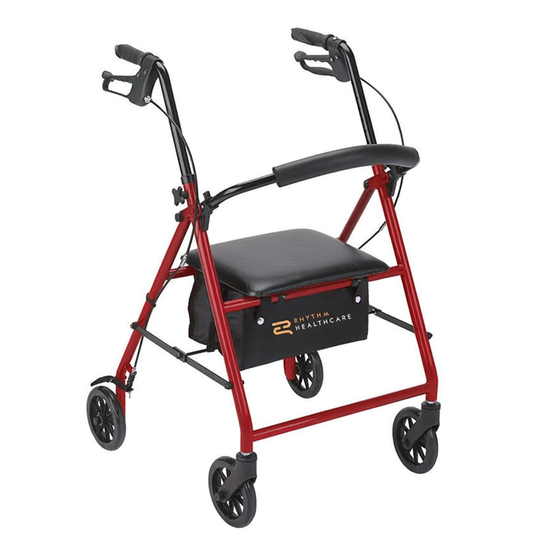 Rhythm Healthcare 4 Wheel Rollator Walker with 12x12" Seat and 6" Wheels, Red