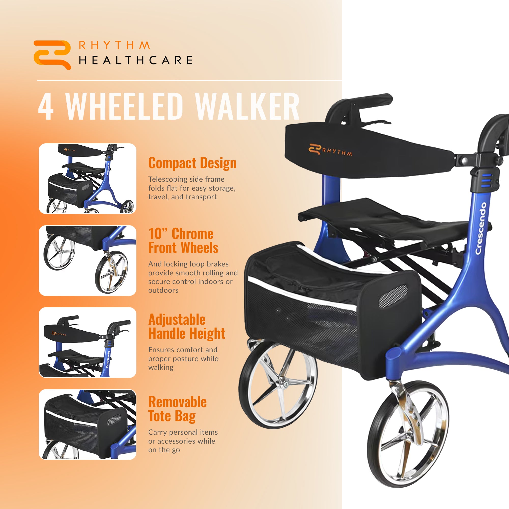 Rhythm Healthcare Crescendo Rollator 4 Wheel Walker with Backrest, Matte Blue - VMInnovations