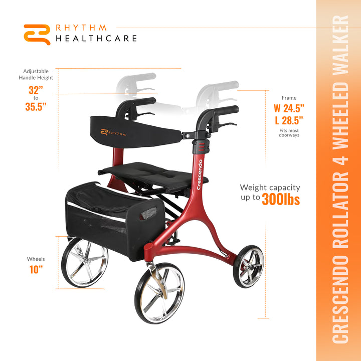Rhythm Healthcare Crescendo Rollator 4 Wheel Walker with Backrest, Matte Red