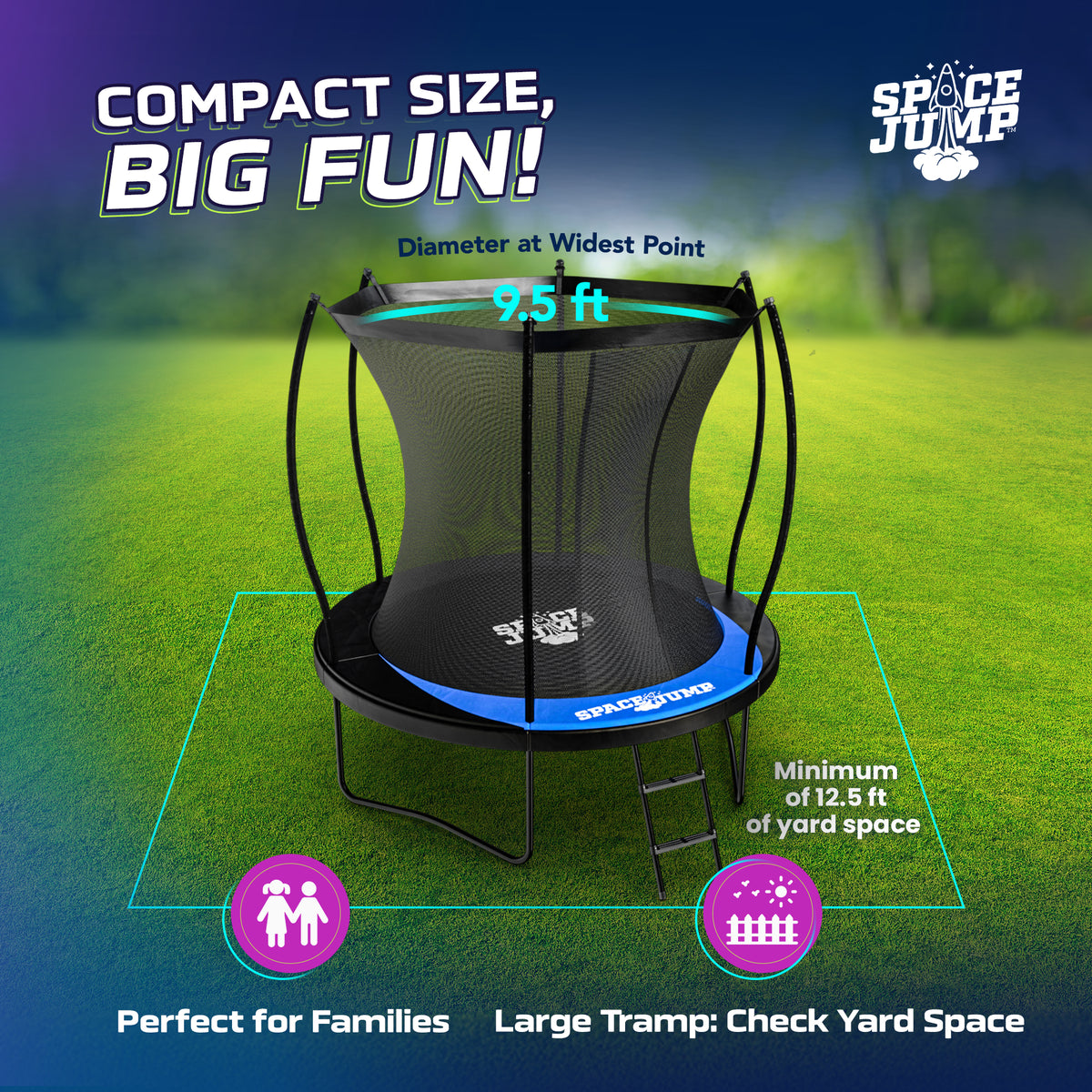SpaceJump Lunar 8' Trampoline, Outdoor Bouncer with Net and Eclipse Sun Shade
