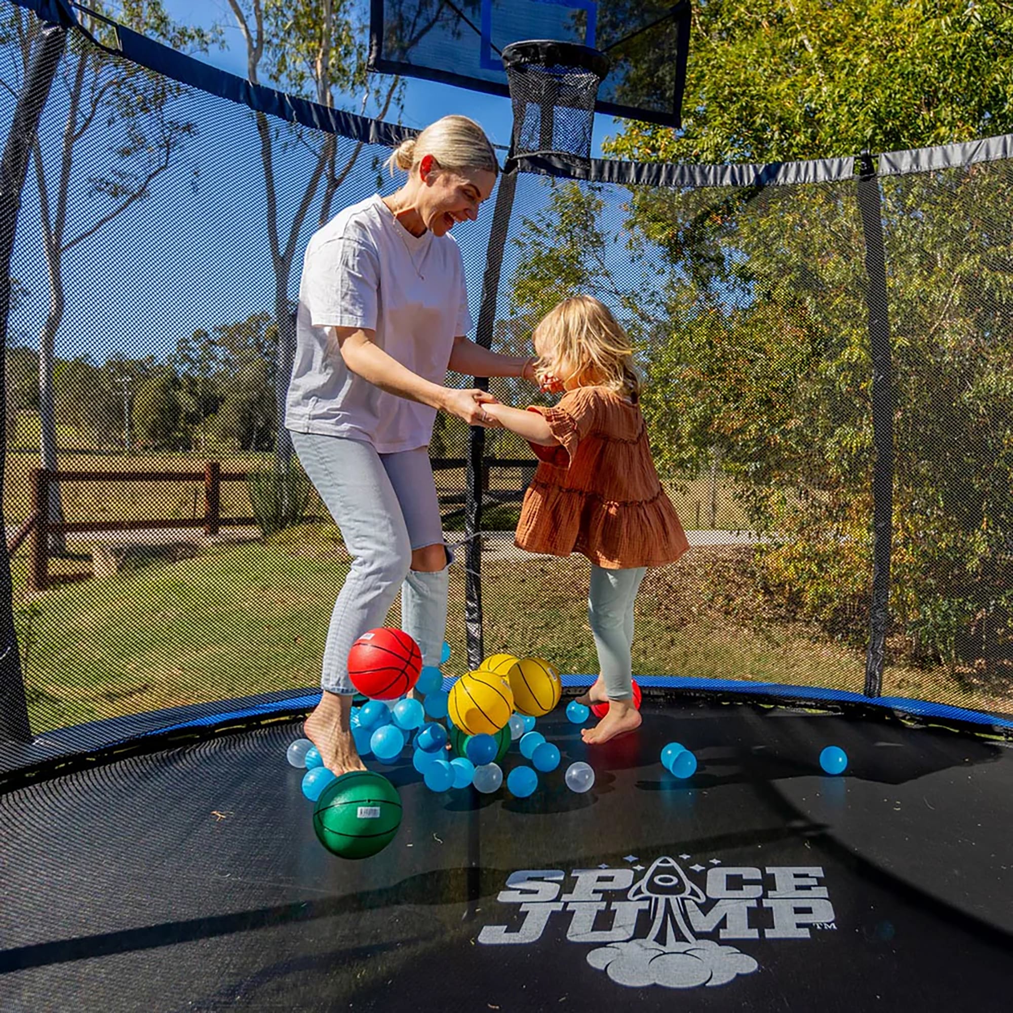 SpaceJump Lunar 8 Foot Trampoline, Outdoor Round Bouncer with Safety Net, Black