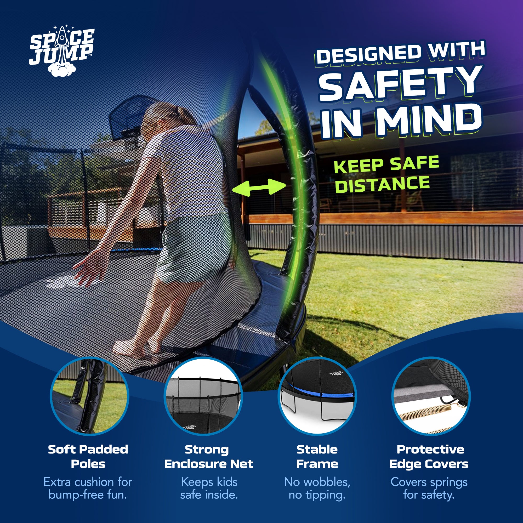 SpaceJump Lunar 10 Foot Trampoline, Outdoor Round Bouncer with Safety Net, Black - VMInnovations