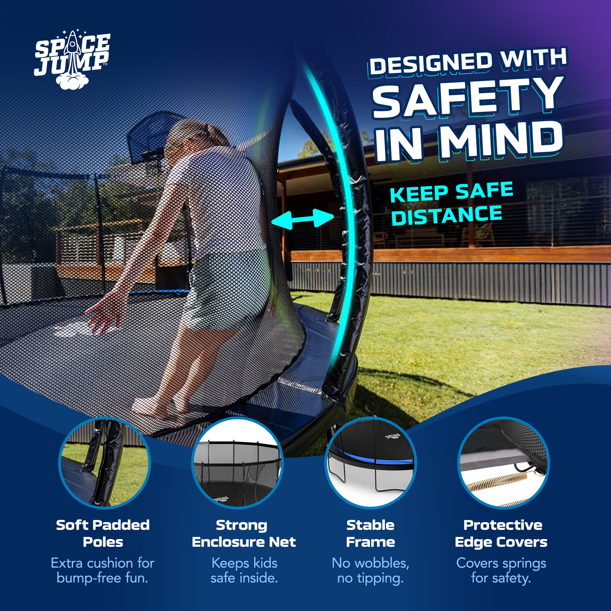 SpaceJump Lunar 10' Trampoline, Outdoor Bouncer with Net and Eclipse Sun Shade - VMInnovations