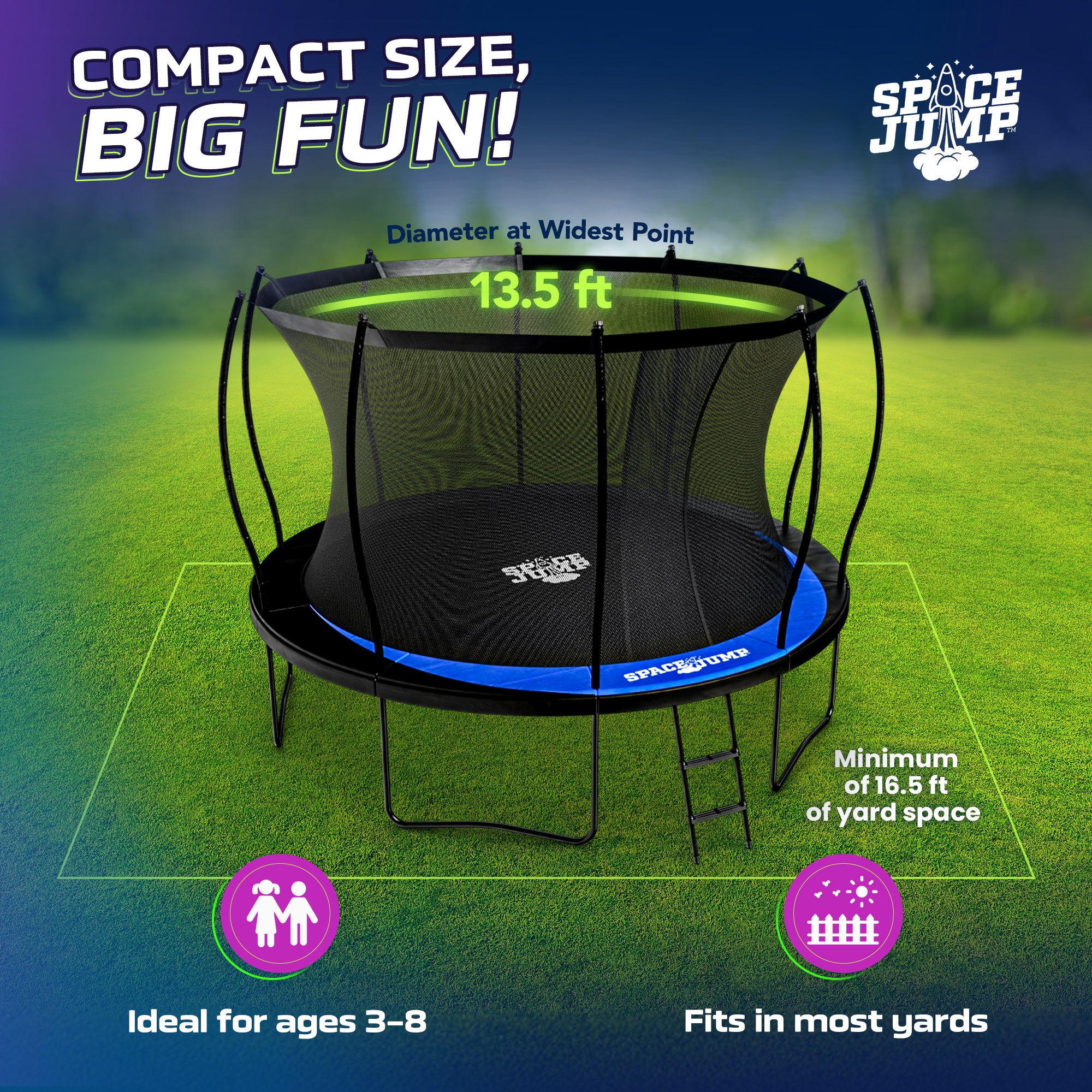 SpaceJump Lunar 12 Foot Trampoline, Outdoor Round Bouncer with Safety Net, Black - VMInnovations