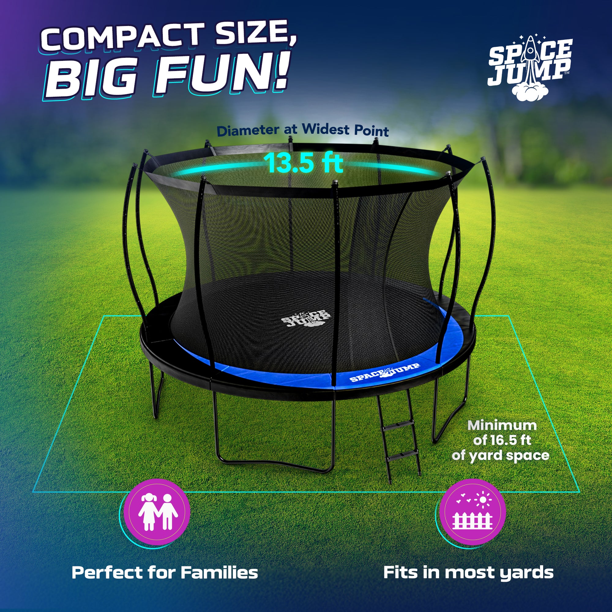 SpaceJump Lunar 12' Trampoline, Outdoor Ultimate Set with Slide, Hoop & Sprayer - VMInnovations
