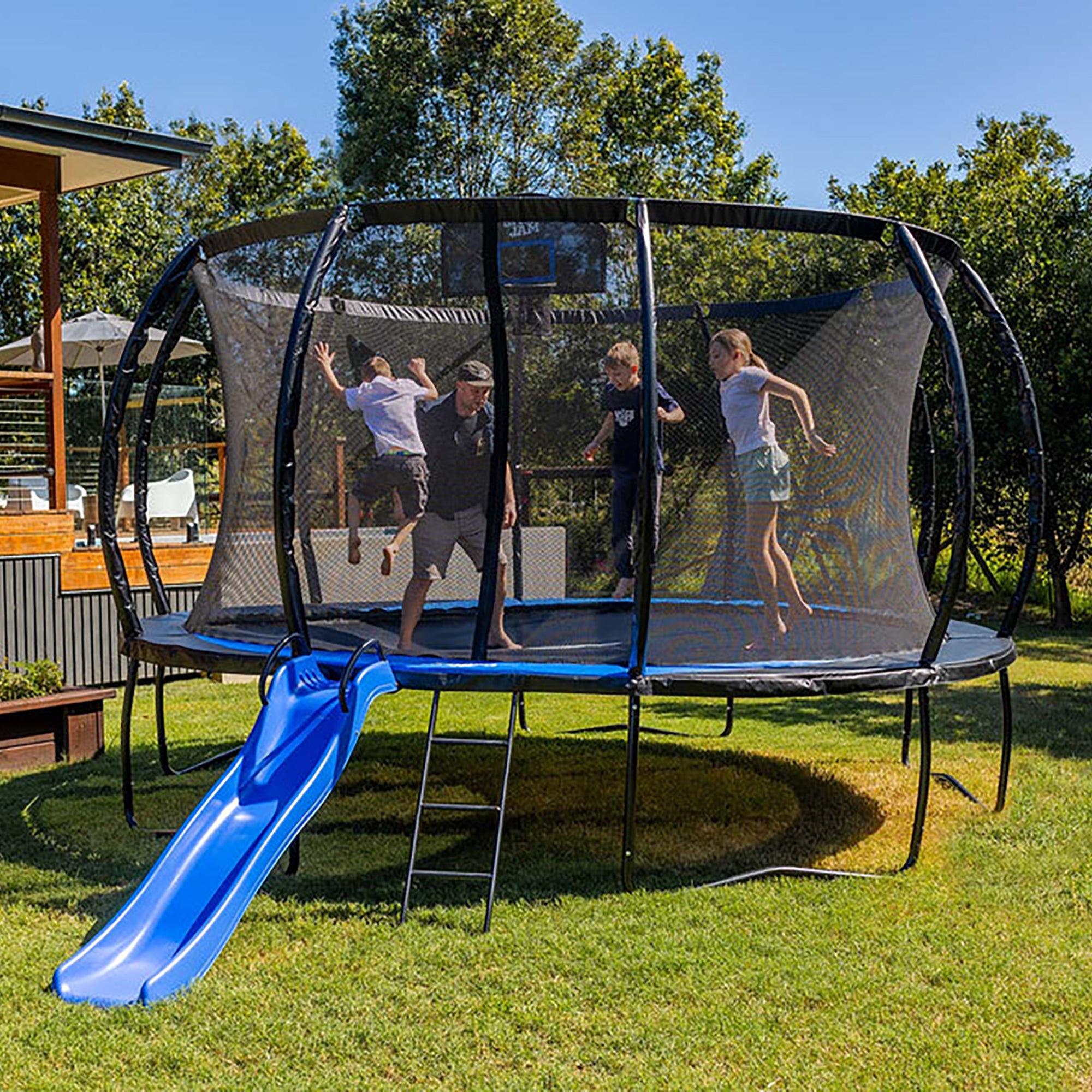 SpaceJump Lunar 14' Trampoline, Outdoor Ultimate Set with Slide, Hoop & Sprayer