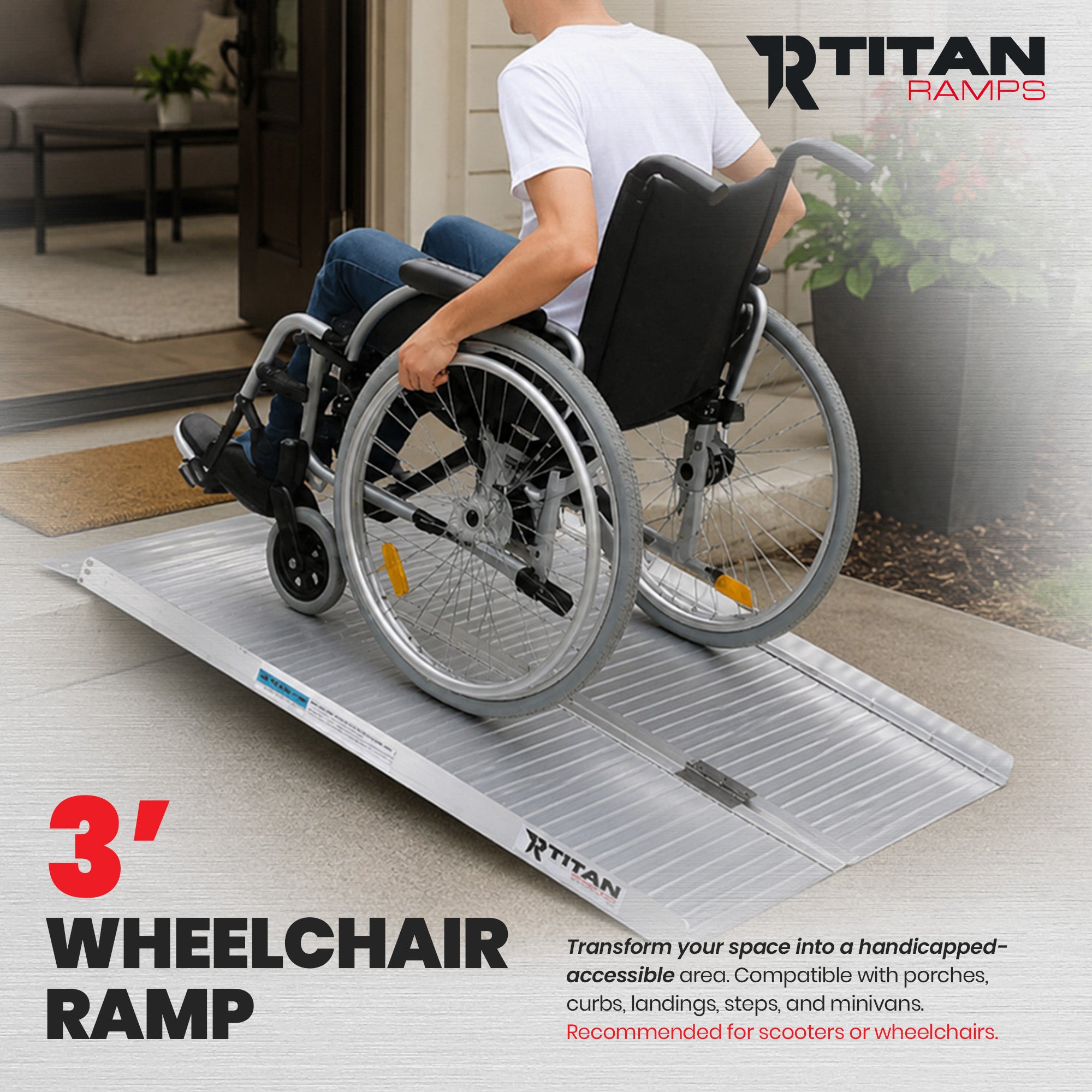 Titan Ramps 3 Foot Single-Fold Aluminum Wheelchair Ramp, 600 Pound Capacity