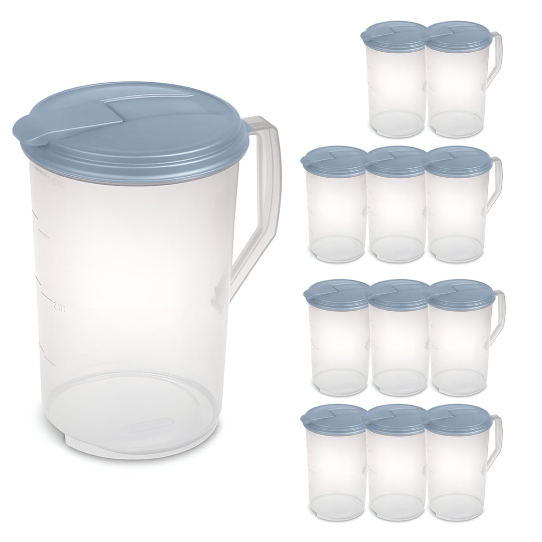 Sterilite 12 Pack 1 Gal Round Pitcher, Flip Lid Drink Dispenser Jug, Washed Blue