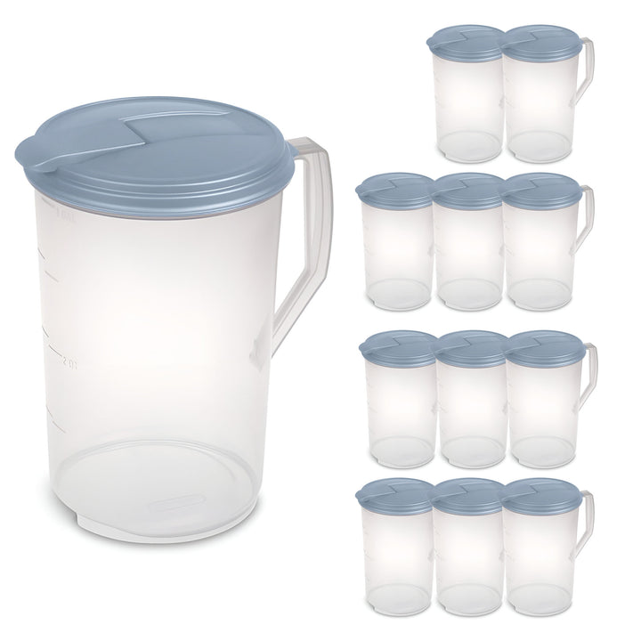 Sterilite 12 Pack 1 Gal Round Pitcher, Flip Lid Drink Dispenser Jug, Washed Blue