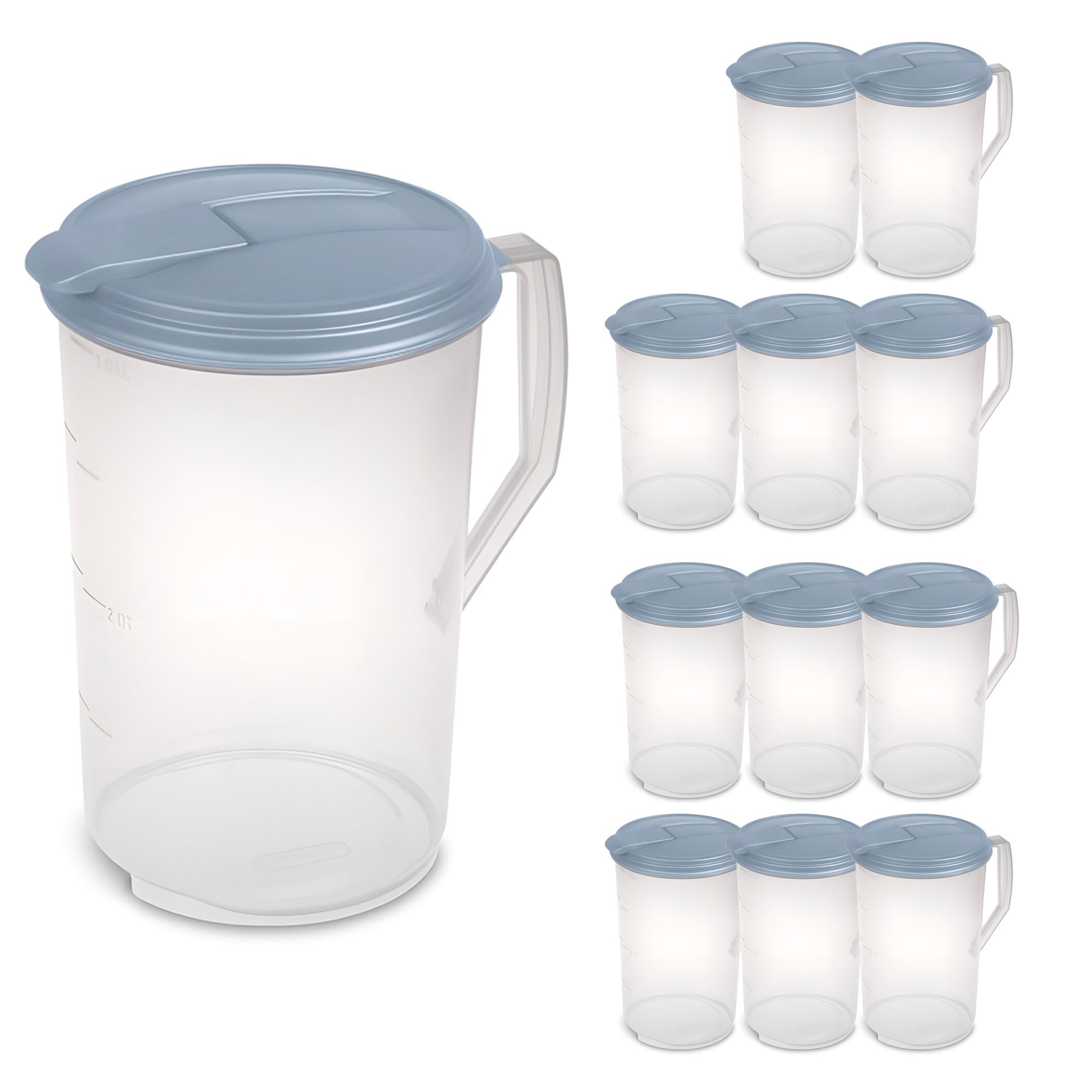 Sterilite 12 Pack 1 Gal Round Pitcher, Flip Lid Drink Dispenser Jug, Washed Blue