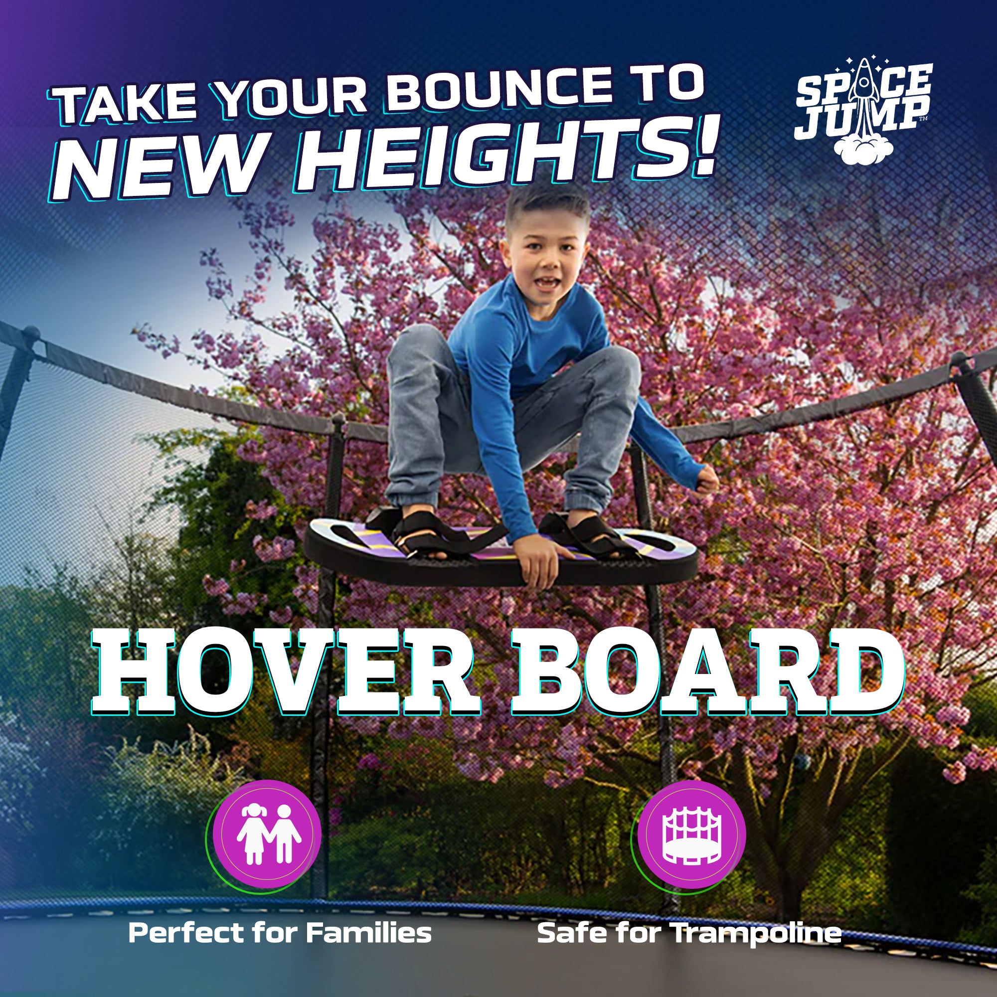 SpaceJump HoverBoard Foam Trampoline Attachment Trick Board, Straps, Multicolor - VMInnovations