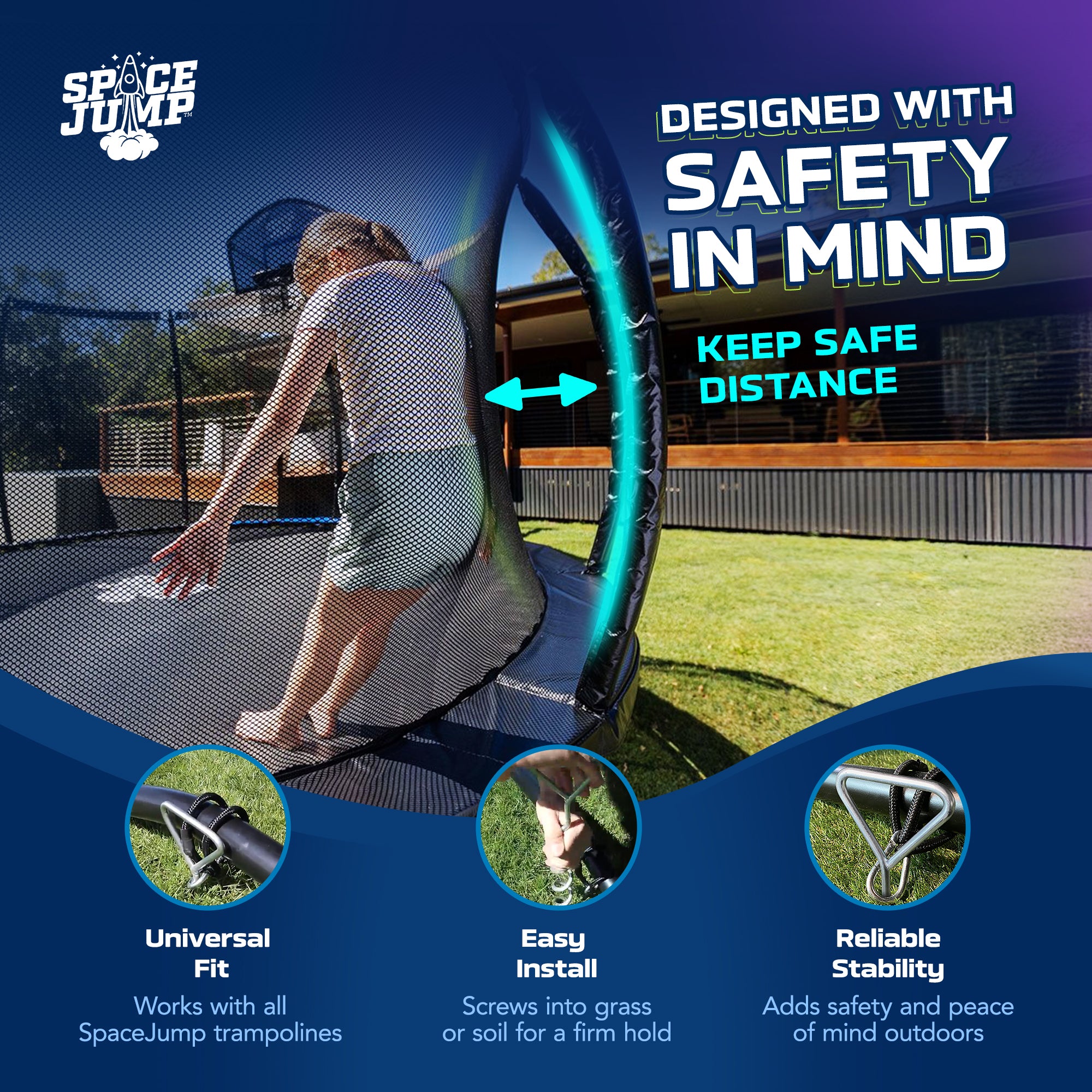 SpaceJump Anchor Kit Heavy Duty Trampoline Stakes Ground Screws Tie Down, Silver - VMInnovations