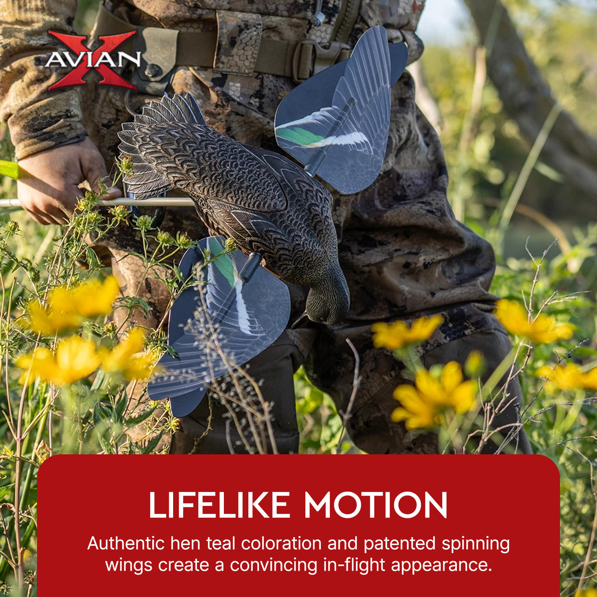 Avian X Powerflight Hen Teal Green Wing Duck Decoy with Wings, Stake & Carry Bag - VMInnovations