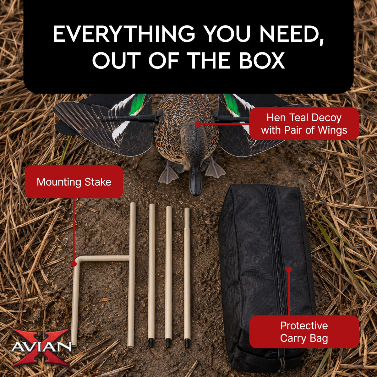 Avian X Powerflight Hen Teal Green Wing Duck Decoy with Wings, Stake & Carry Bag