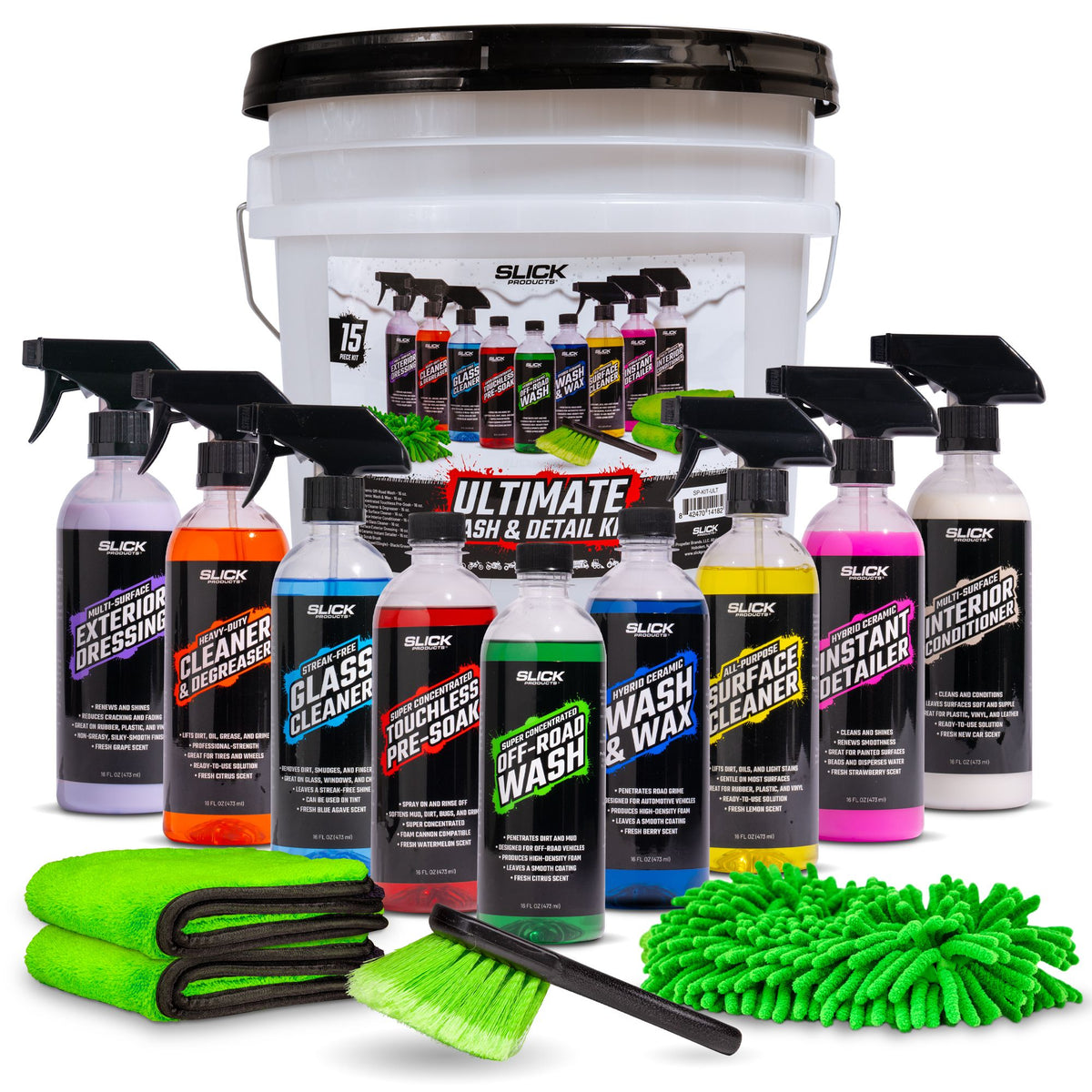 Slick Products 15pc Car Wash & Detailing Kit, Towel & Scrub Brush (For Parts) - VMInnovations