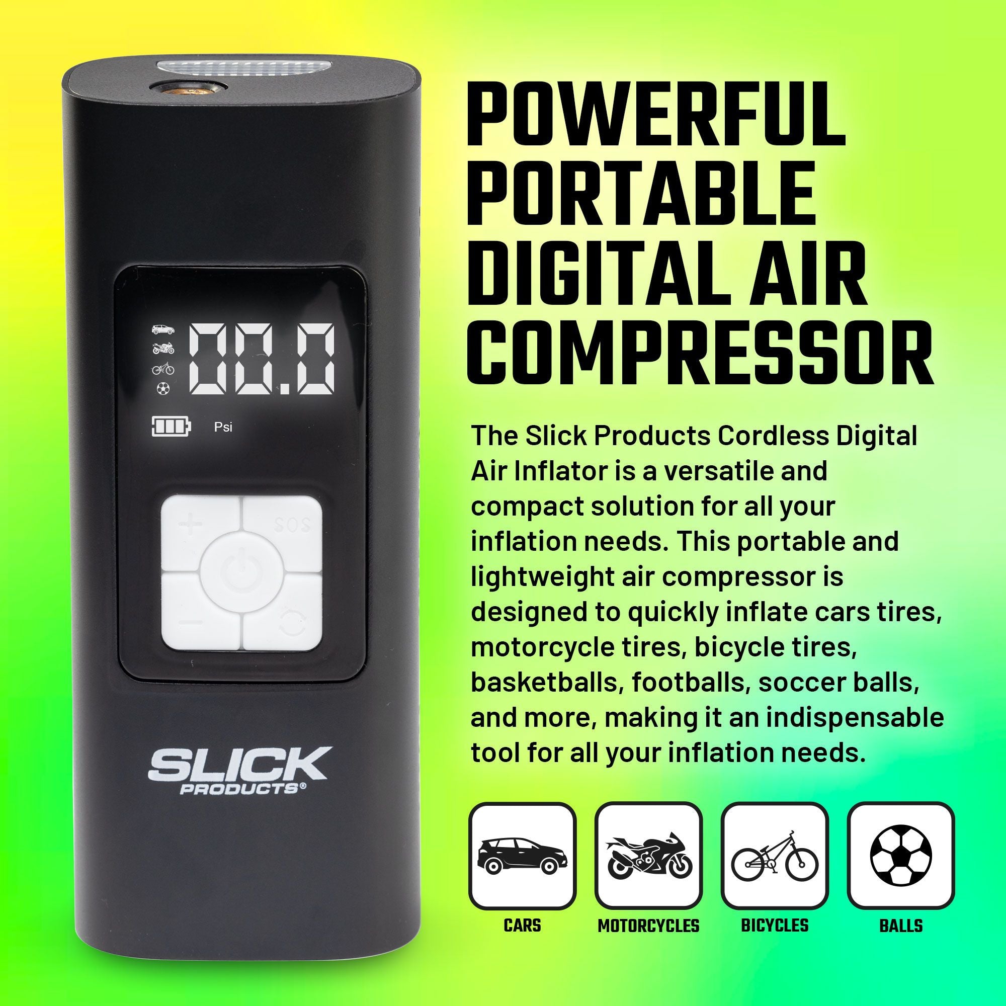 Slick Products Cordless Digital Air Inflator, Tire Pump & Power Bank (Open Box) - VMInnovations