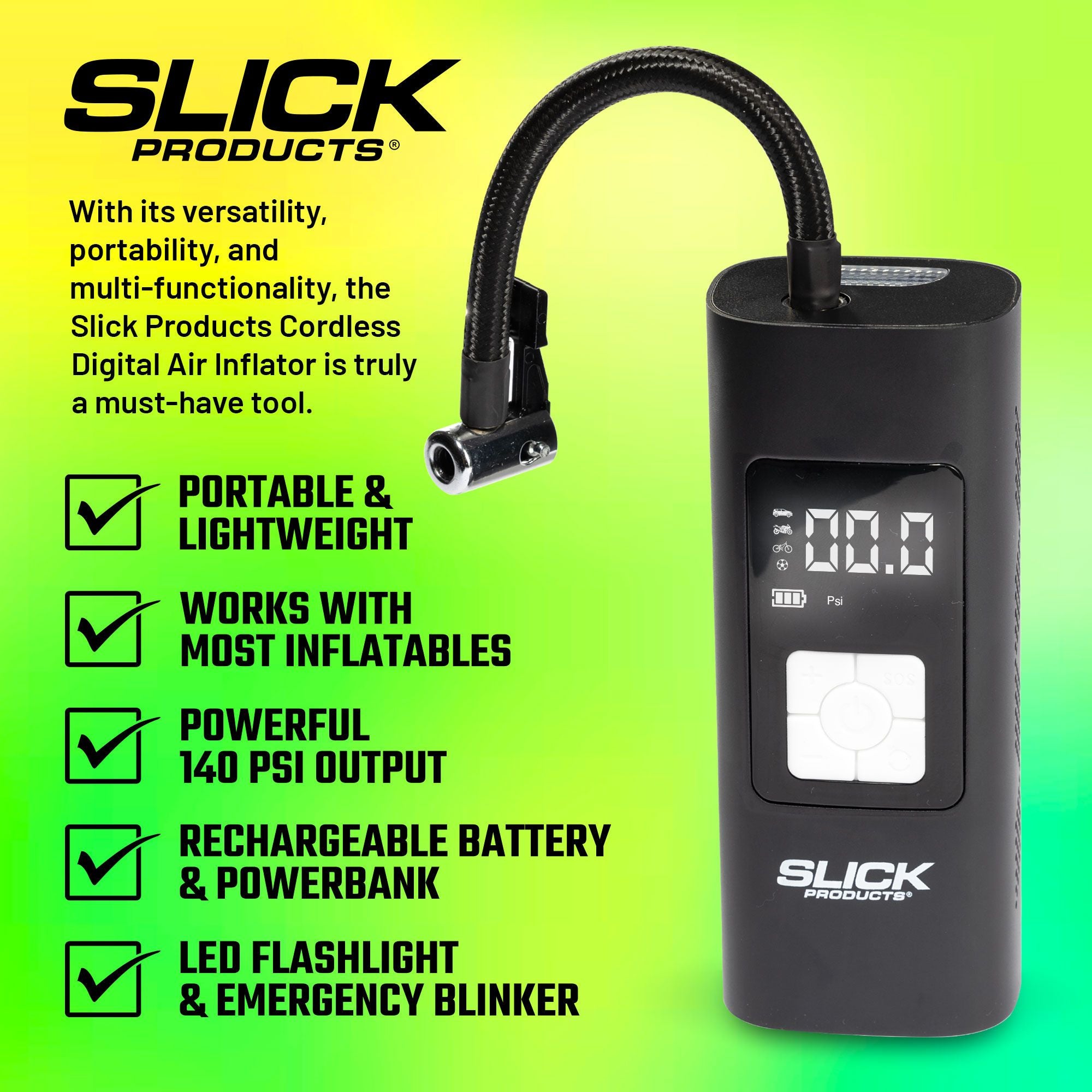 Slick Products Cordless Digital Air Inflator, Tire Pump & Power Bank (Open Box) - VMInnovations