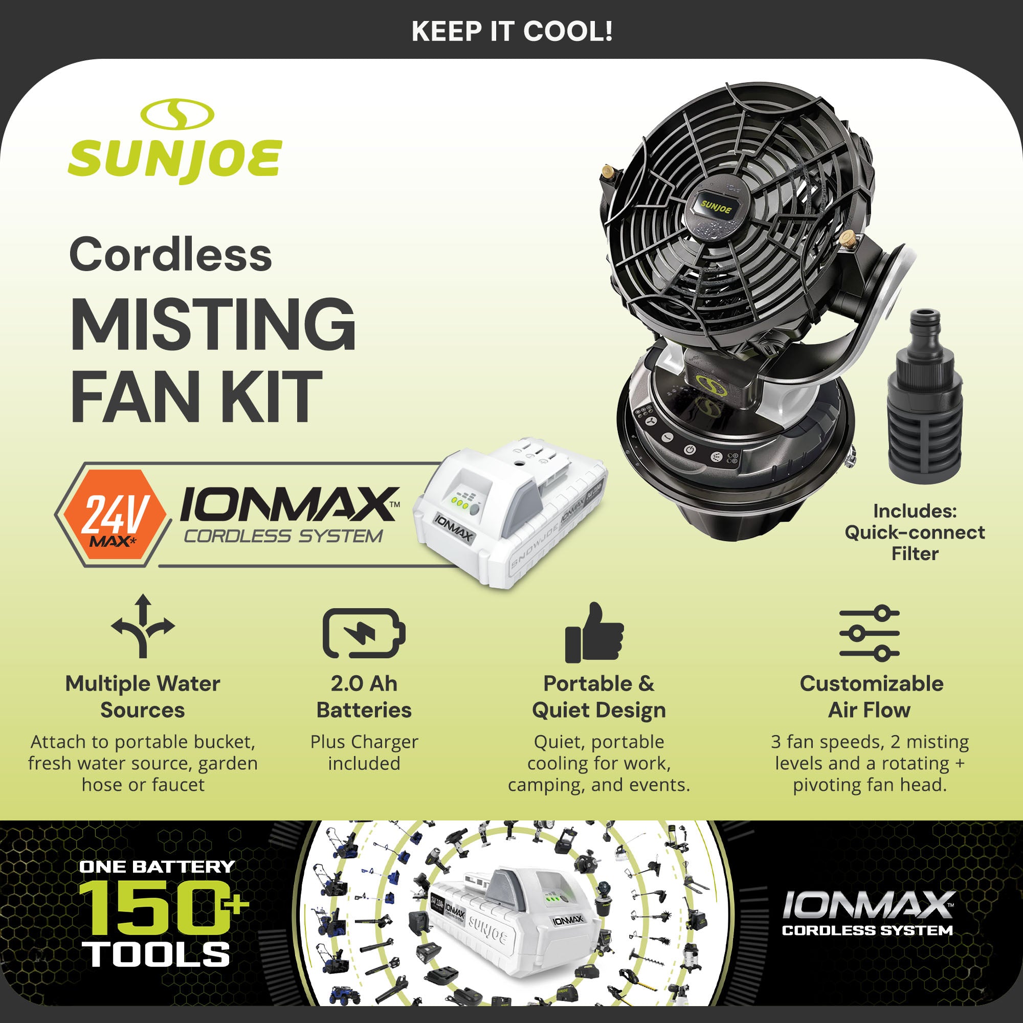 Sun Joe 24V IONMAX Cordless Misting Fan w/ 6 Gal Portable Bucket, 24V-MSTFAN-LTE - VMInnovations