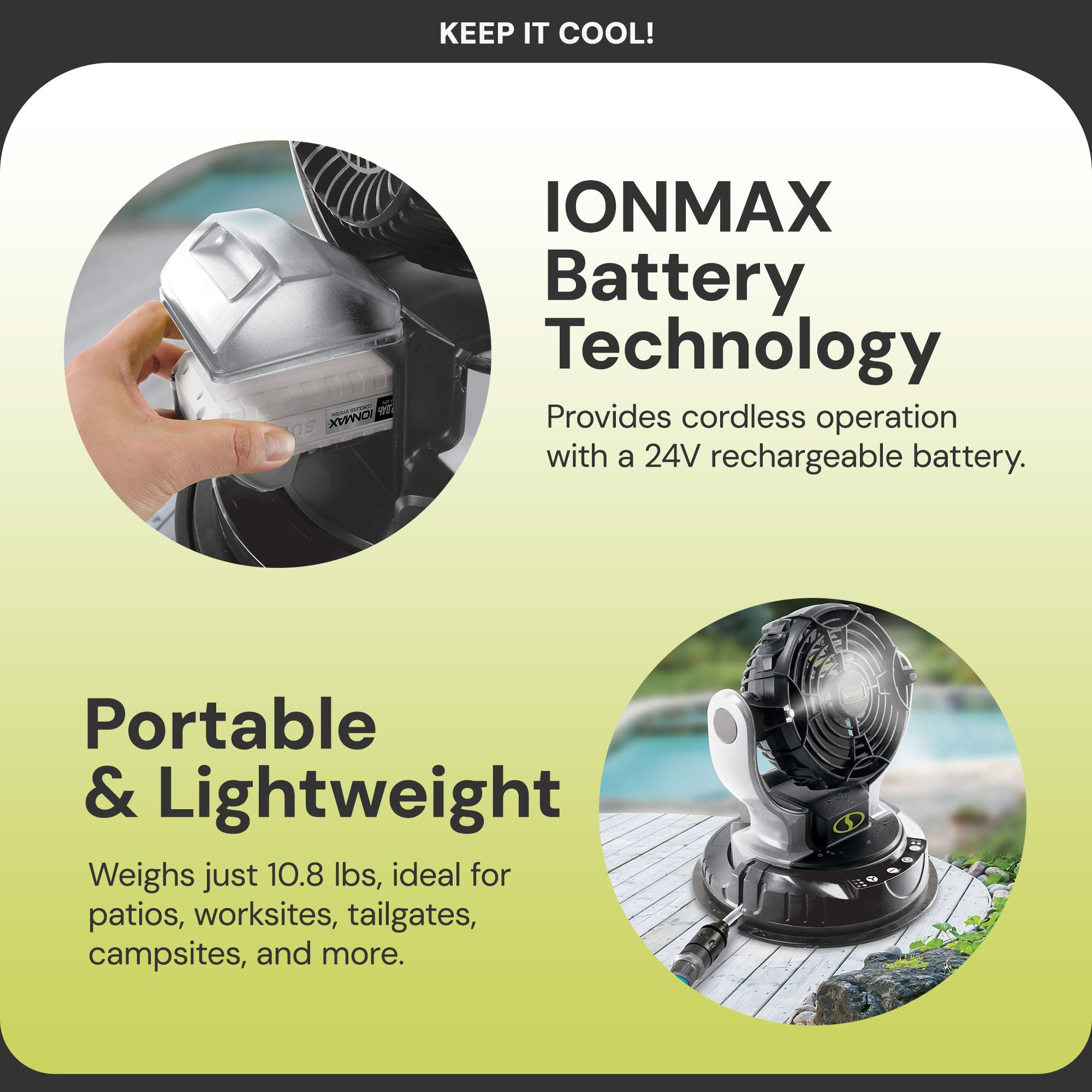 Sun Joe 24V IONMAX Cordless Misting Fan w/ 6 Gal Portable Bucket, 24V-MSTFAN-LTE - VMInnovations