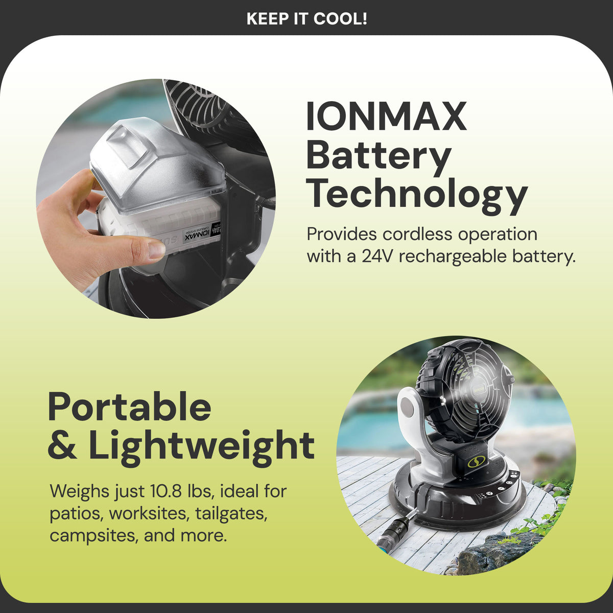 Sun Joe 24V IONMAX Cordless Misting Fan w/ 6 Gal Portable Bucket, 24V-MSTFAN-LTE (Used)