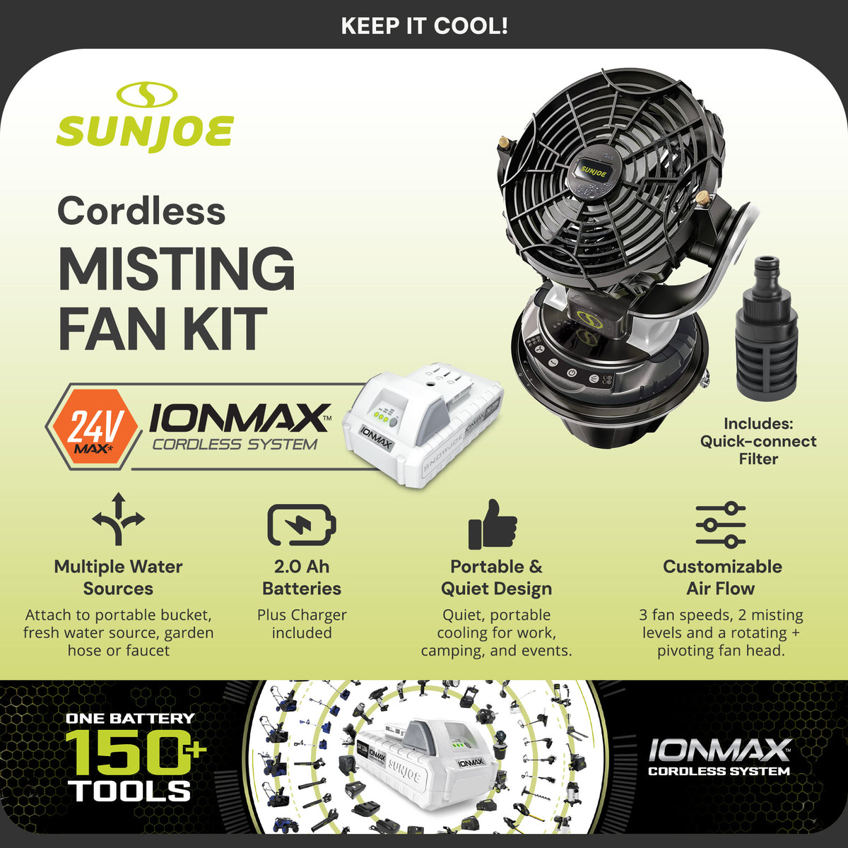 Sun Joe 24V IONMAX Cordless Misting Fan w/ 6 Gal Portable Bucket, 24V-MSTFAN-LTE (Used)