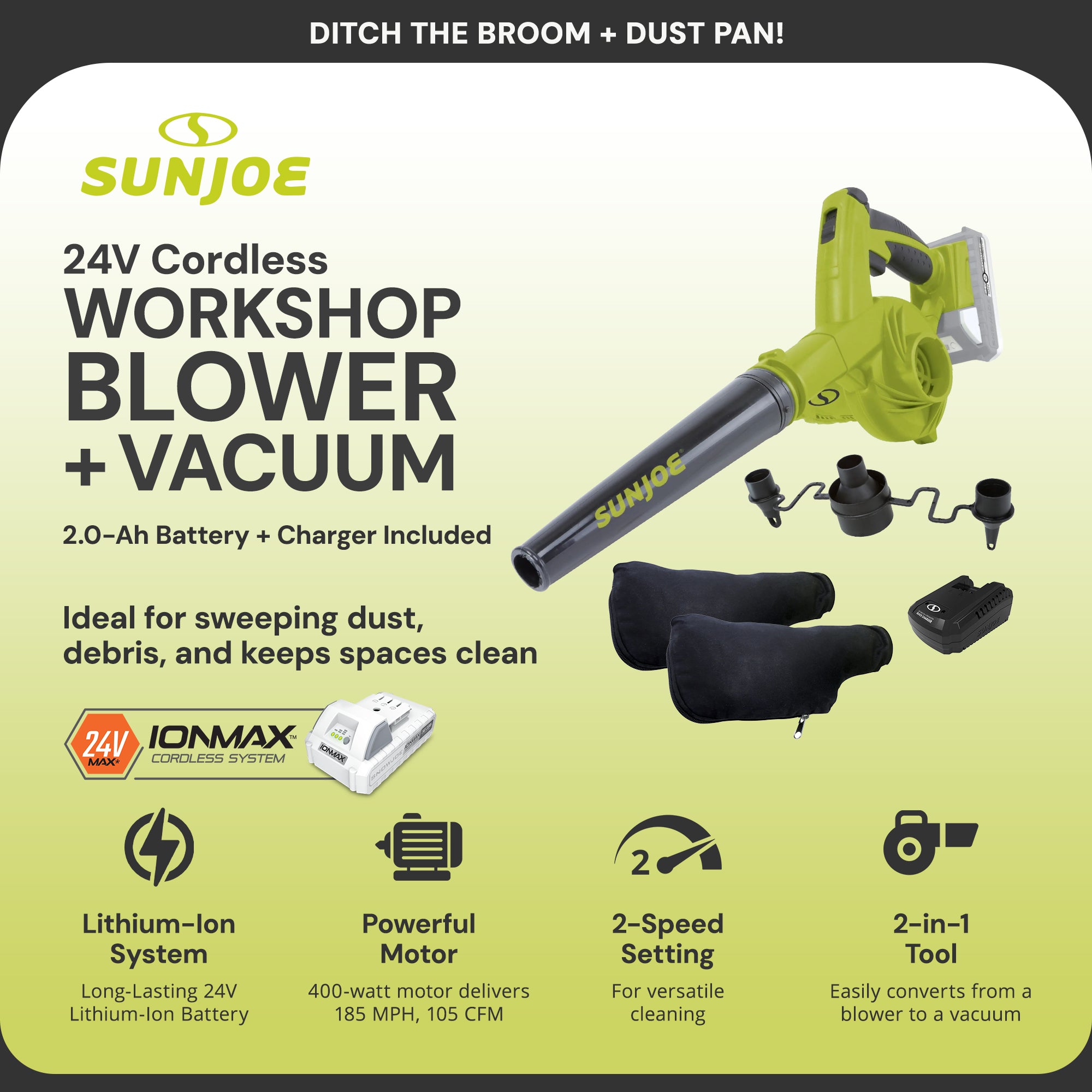 Sun Joe 24V IONMAX Work Shop Blower and Vacuum Battery Charger, 24V-WSB-LTE