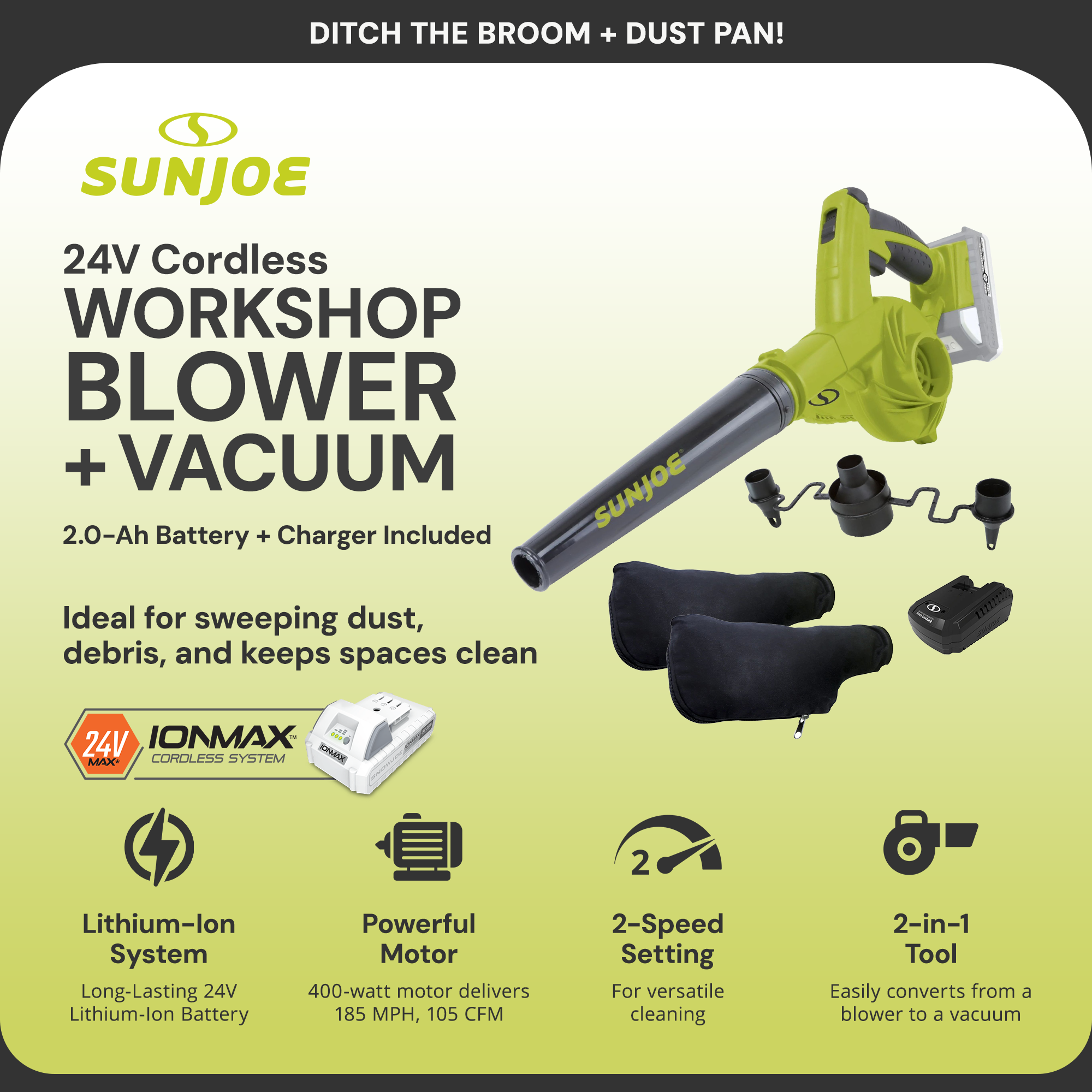 Sun Joe 24V IONMAX Leaf Blower Vacuum Battery Charger, Green/Black (Used) - VMInnovations