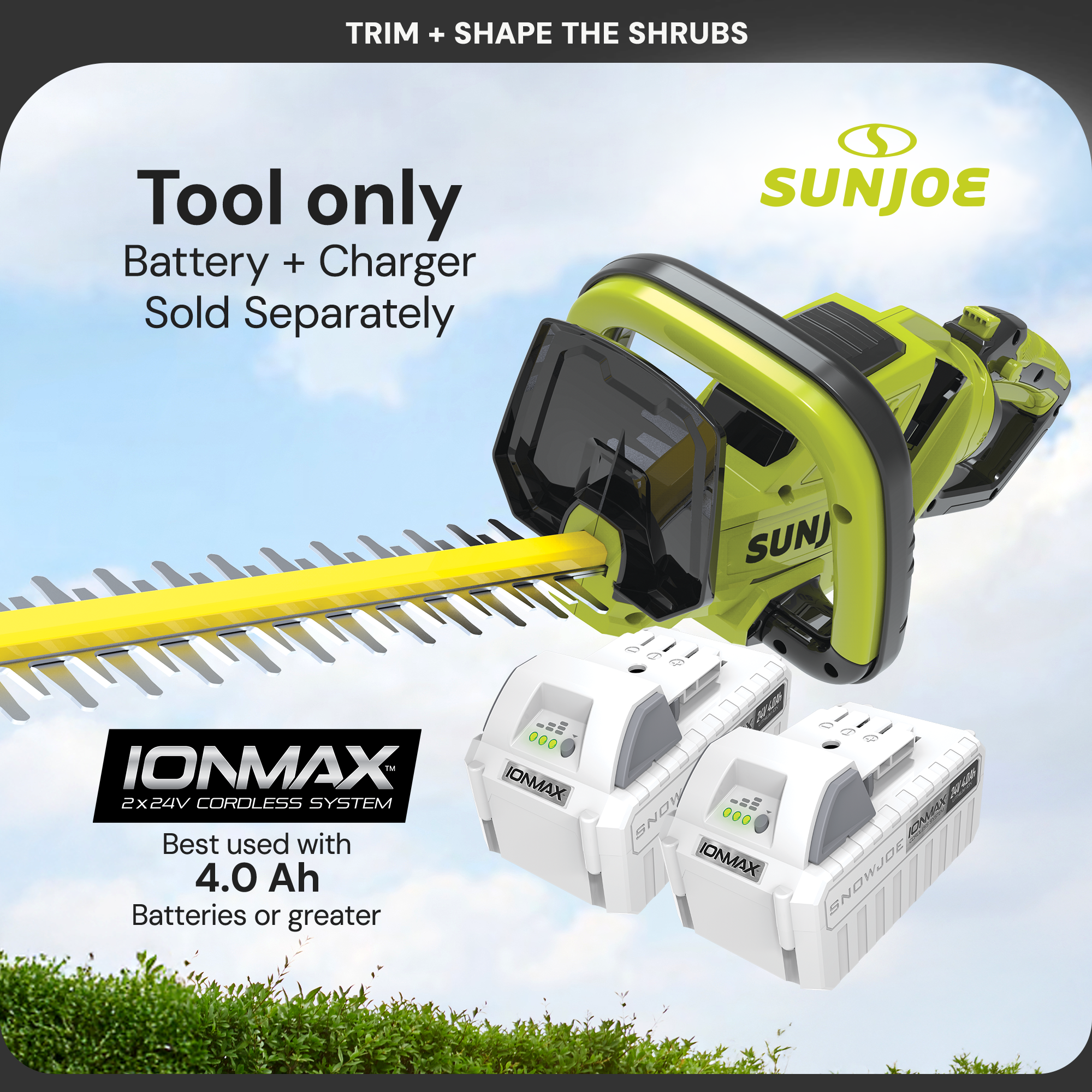 Sun Joe 24" Cordless Battery Hedge Trimmer Tool, 24V-X2-24HT-CT (Open Box) - VMInnovations