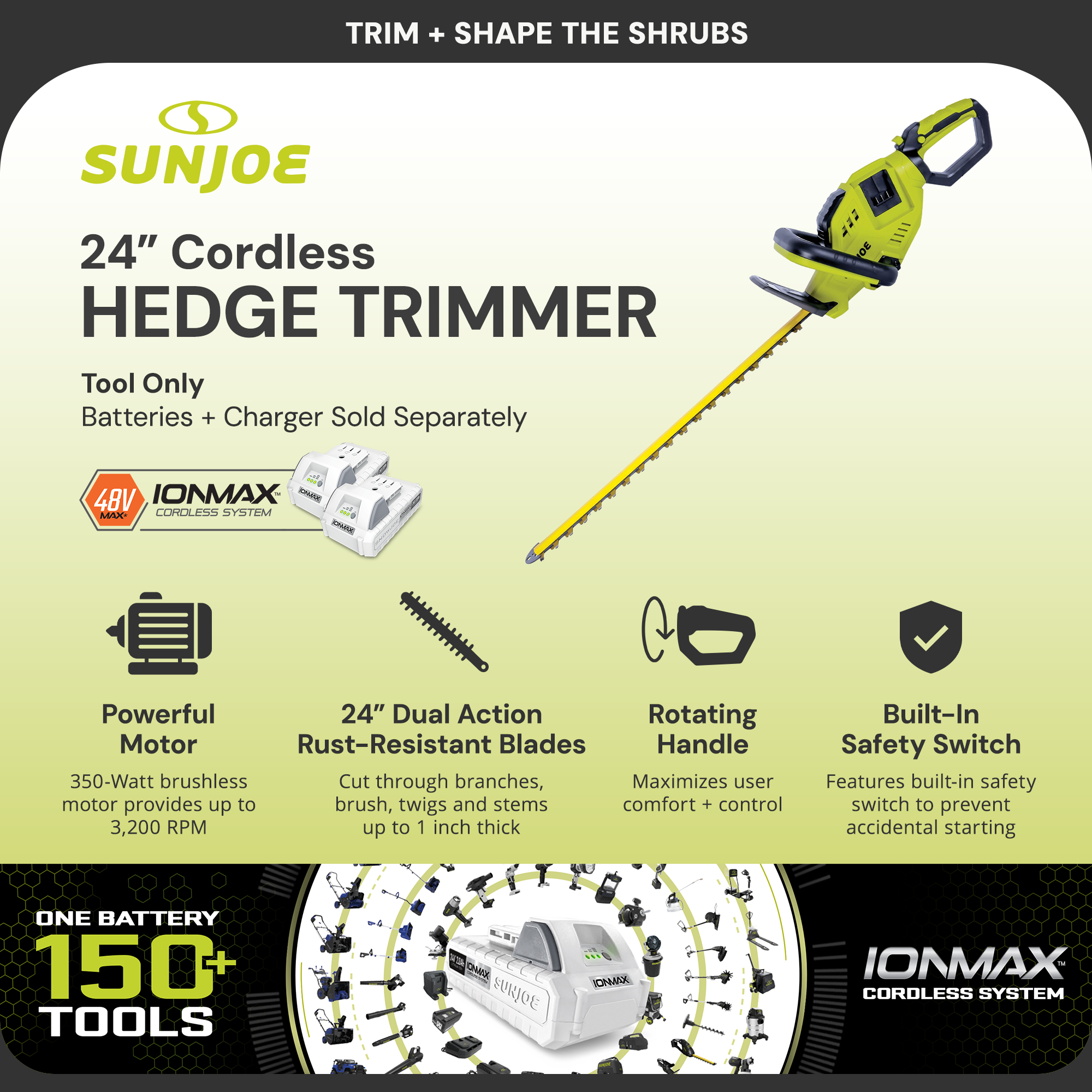 Sun Joe 24" Cordless Battery Hedge Trimmer Tool, 24V-X2-24HT-CT (Open Box)