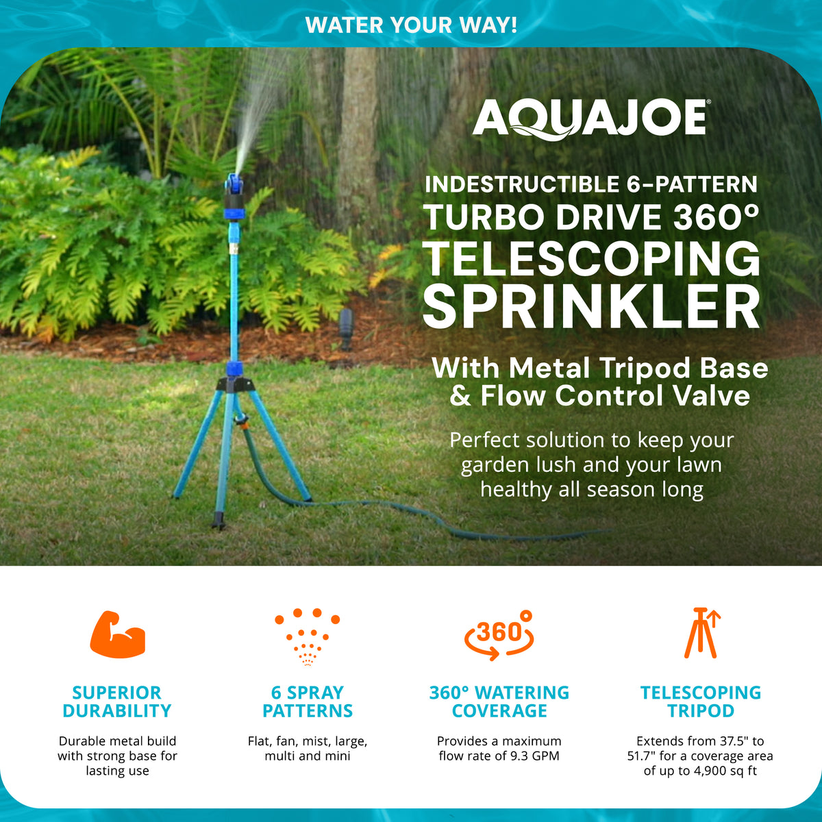 Aqua Joe Telescoping Sprinkler and Mister with Metal Tripod Base and Flow Valve