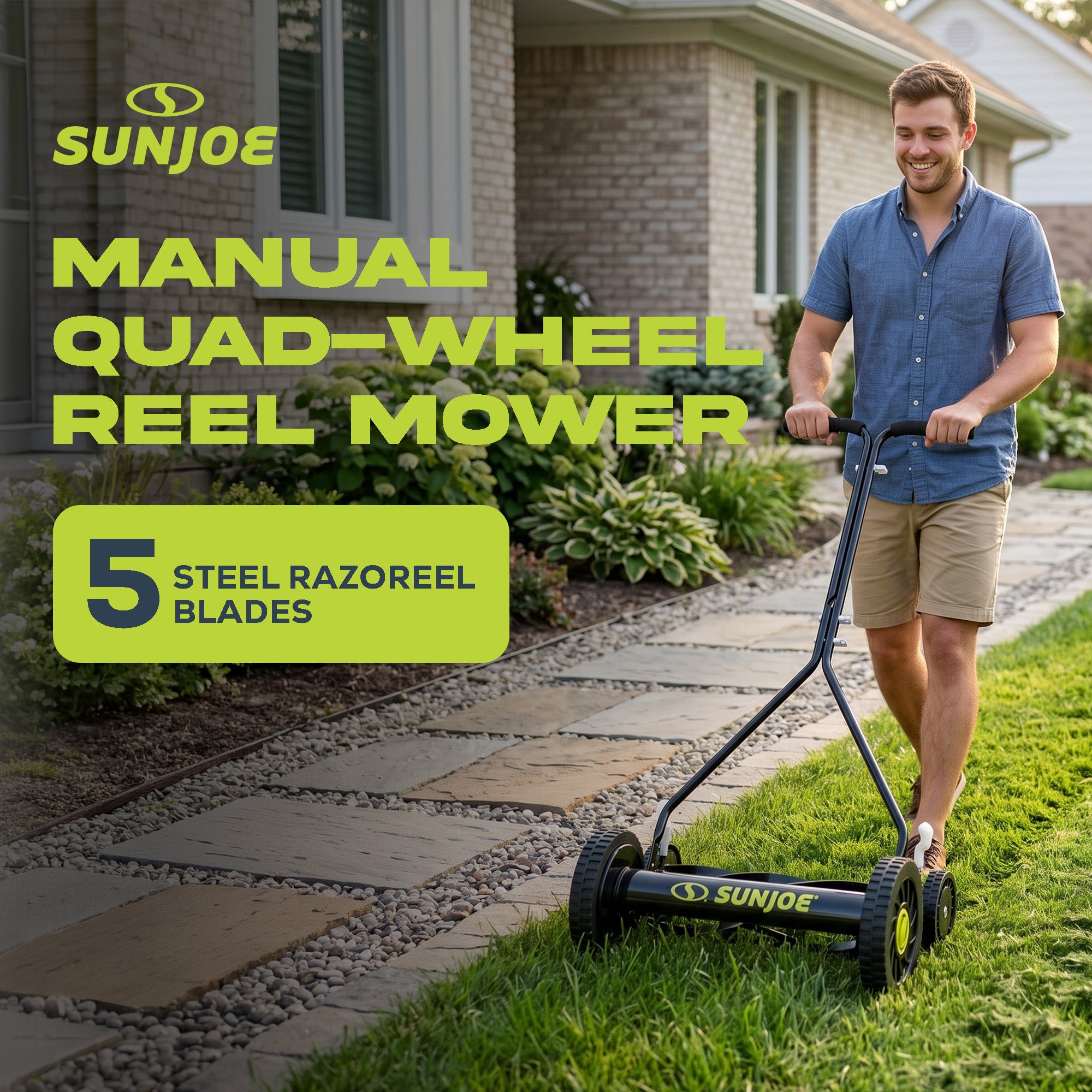 Sun Joe Cordless, Manual Push Steel Reel Lawn Mower, 14 Inch, Green, MJ503M