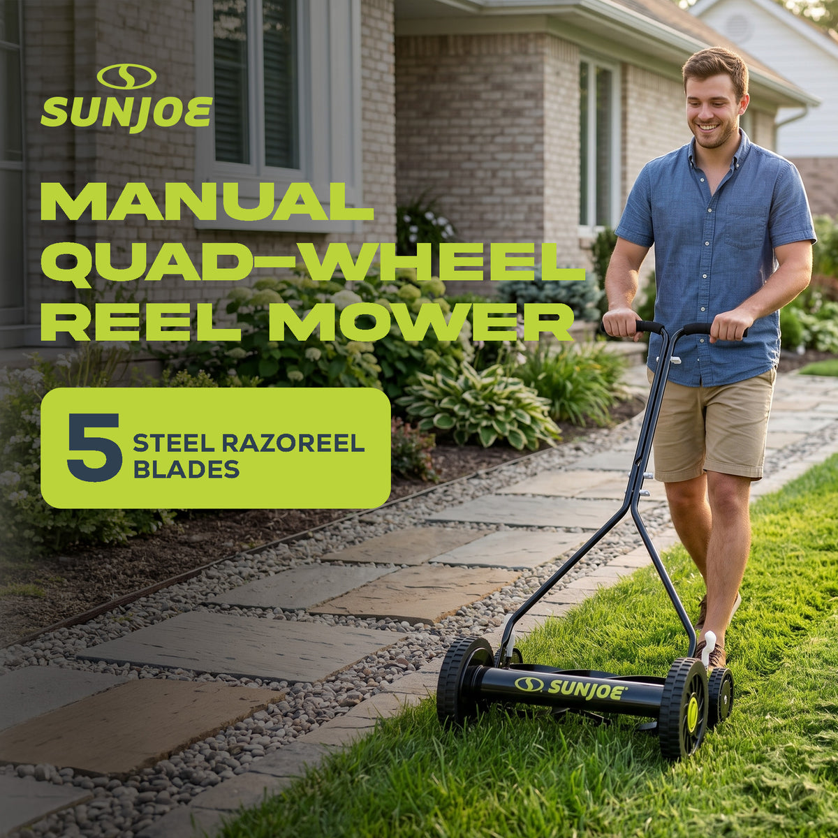 Sun Joe Cordless, Manual Push Steel Reel Lawn Mower, 14 Inch, Green (Open Box)