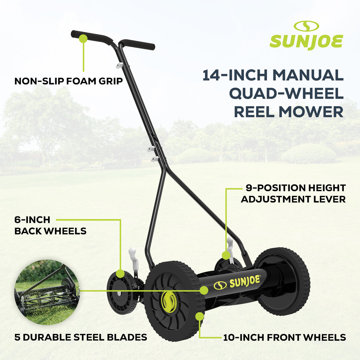 Sun Joe Cordless, Manual Push Steel Reel Lawn Mower, 14 Inch, Green (Open Box)