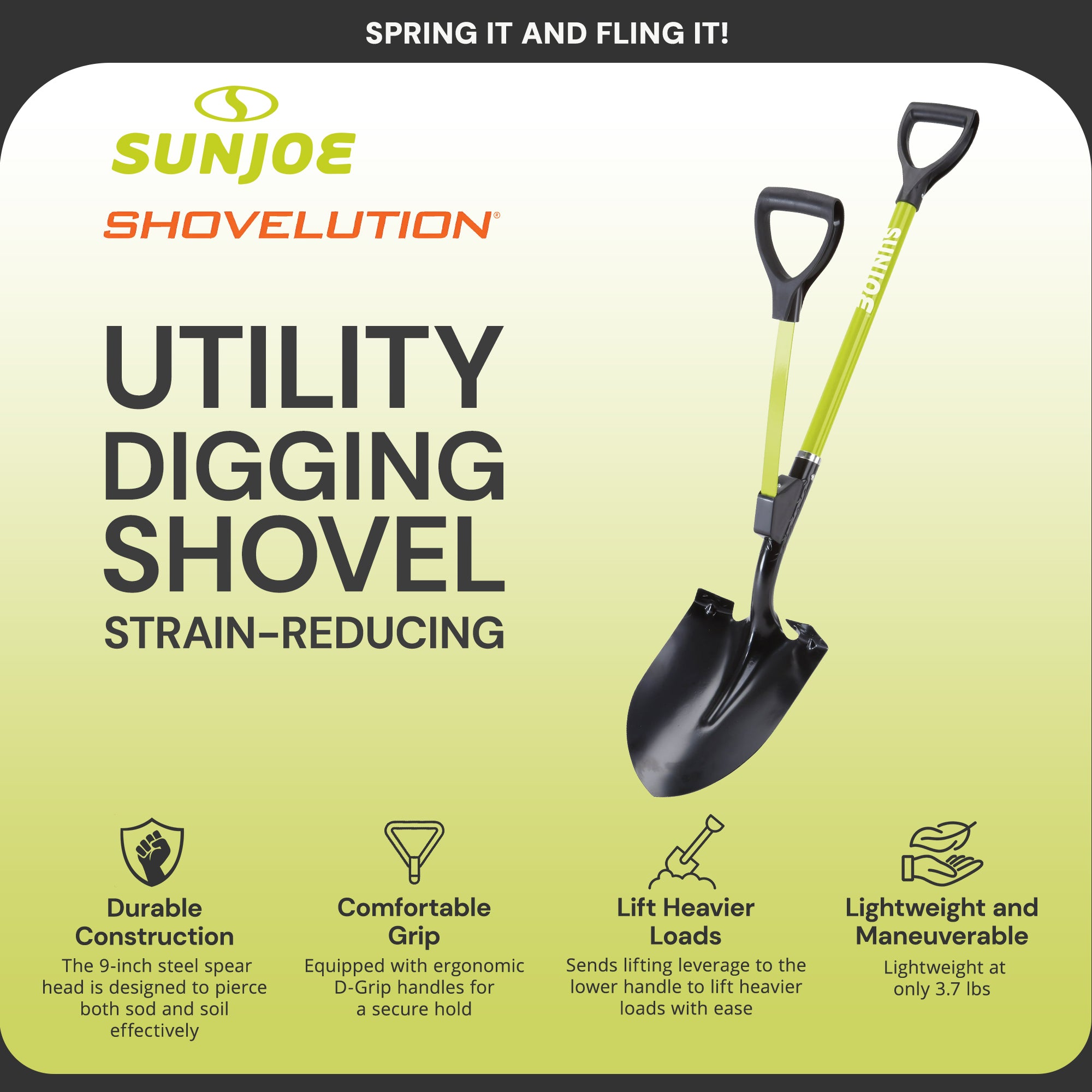 Sun Joe 9 “ Digging Shovel, Assist Handle, SJ-SHLV07, Shovelution (Open Box) - VMInnovations