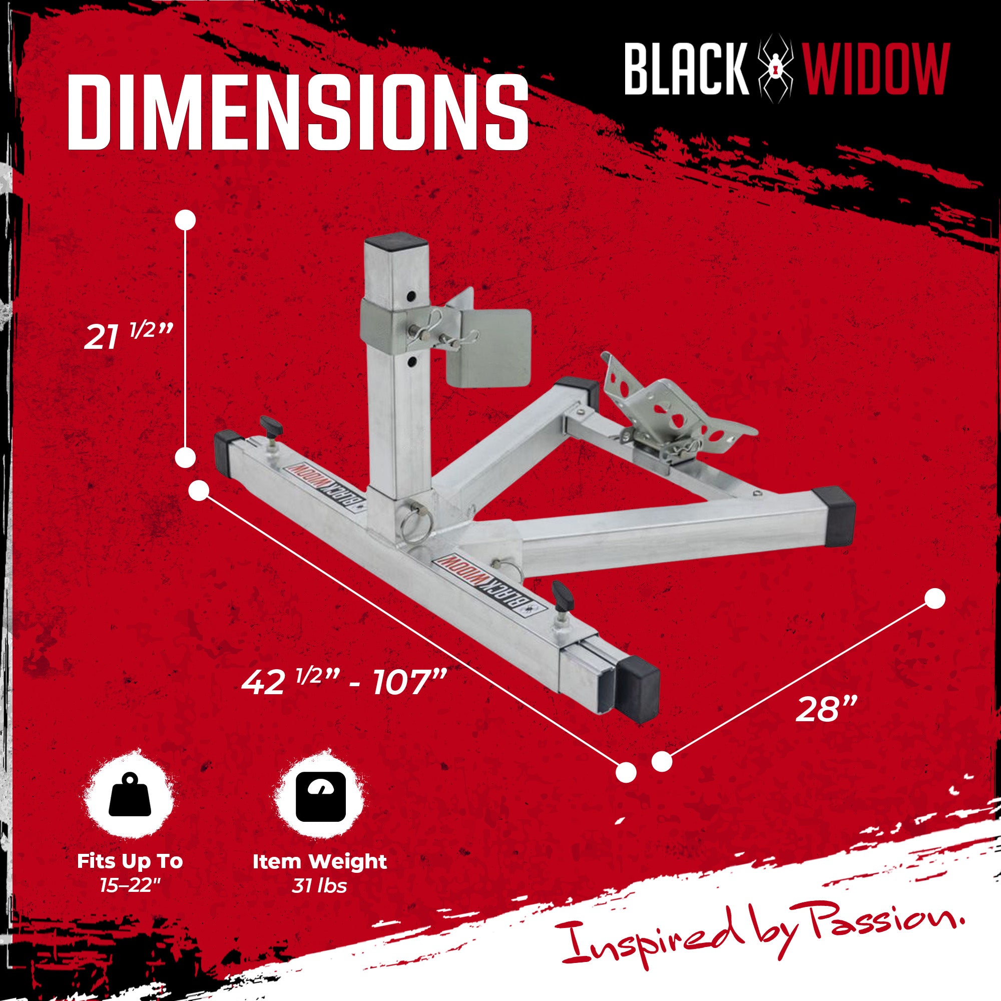 Black Widow Motorcycle Wheel Chock, Adjustable Aluminum Stand, Fits 15-22" Tires - VMInnovations