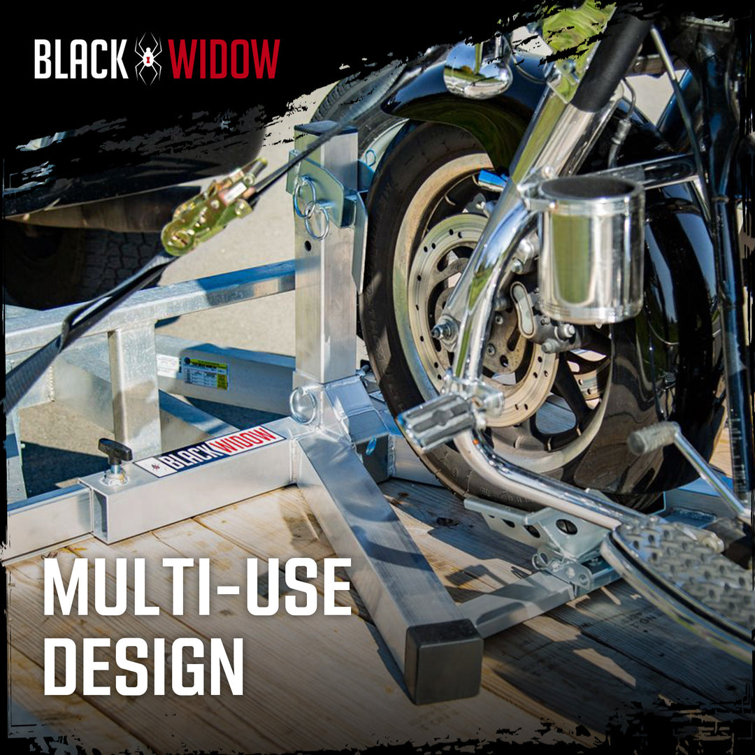 Black Widow Motorcycle Wheel Chock, Adjustable Aluminum Stand, Fits 15-22" Tires - VMInnovations