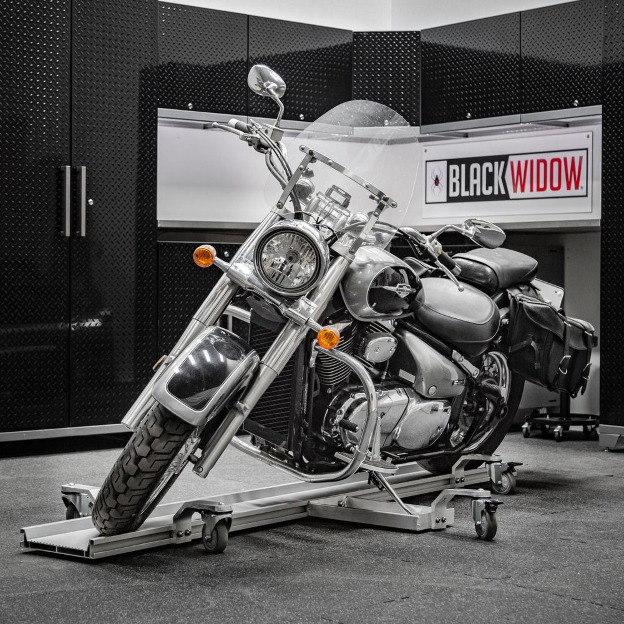 Black Widow Motorcycle Dolly, Fully Adjustable Kickstand lock Casters (Open Box) - VMInnovations