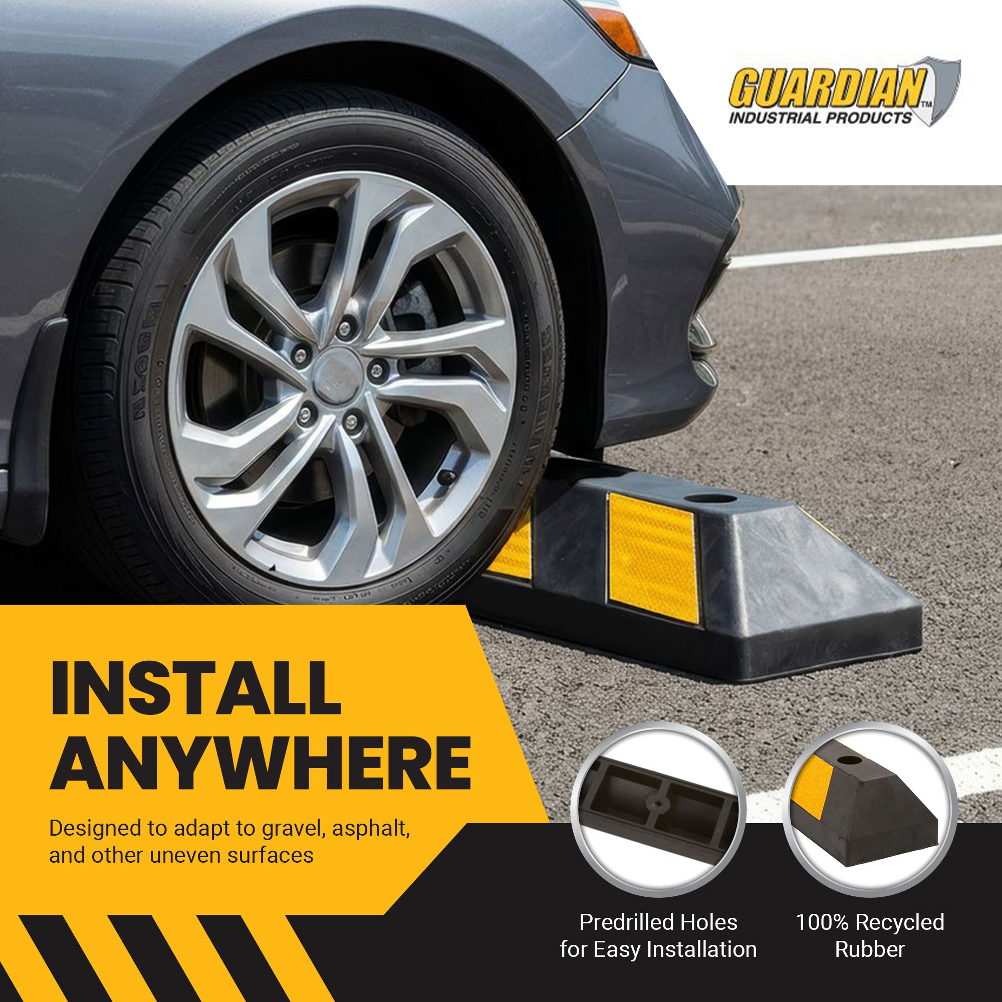 Guardian Parking Stop, 4 Foot Long Rubber Curb with Mounting Holes, Black/Yellow