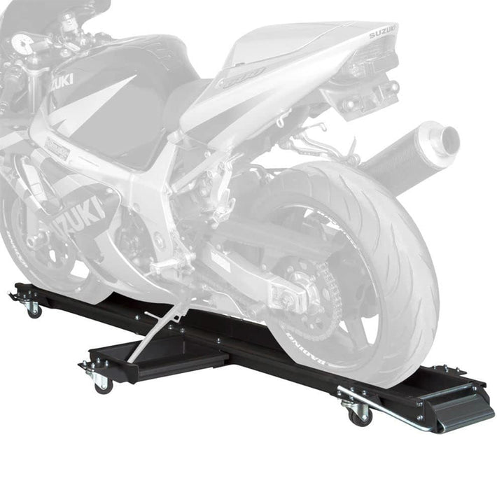 Black Widow Motorcycle Dolly with Front and Rear Gates for Loading and Unloading
