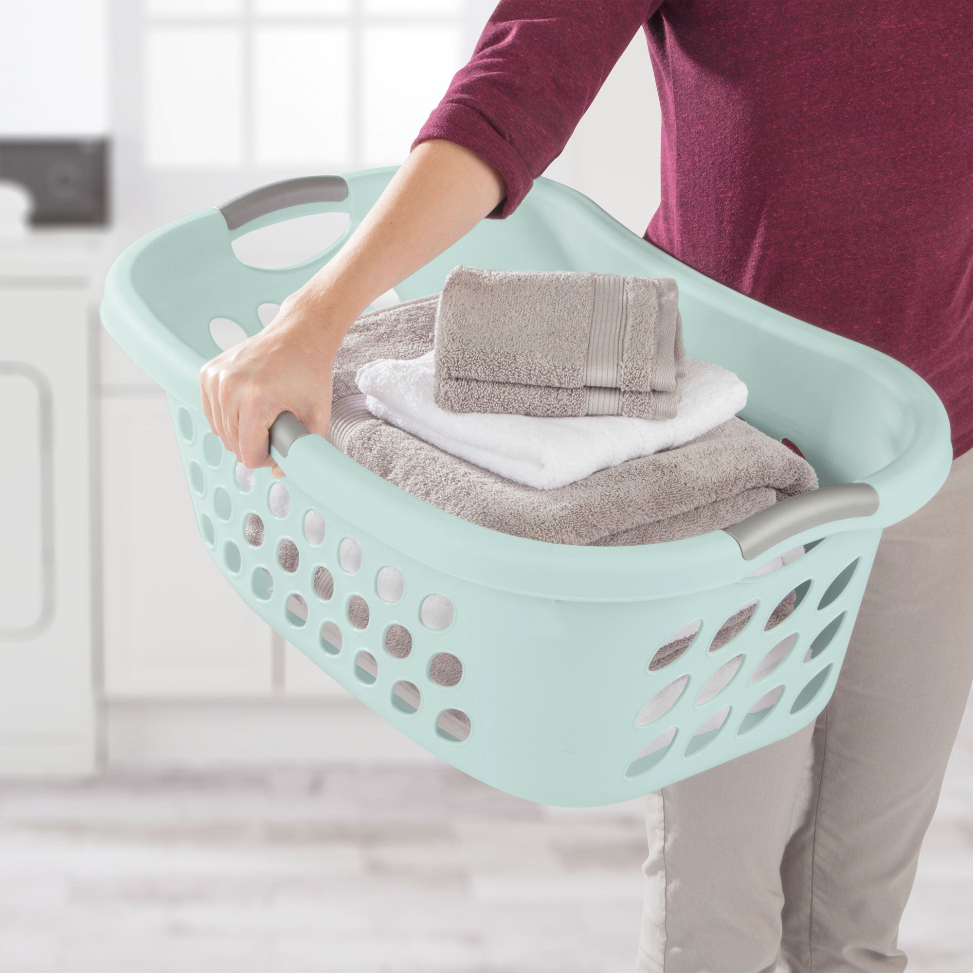 Sterilite 6 Pack Plastic Laundry Basket Ultra HipHold 1.25 Bu Contour Rim, Mint - VMInnovations