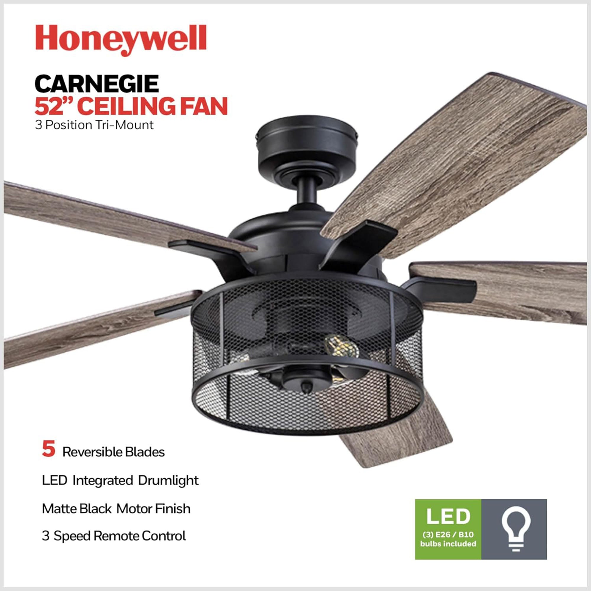 Honeywell Carnegie Ceiling Fan, Quiet Motor & Remote Control, 52", Blk(Open Box) - VMInnovations
