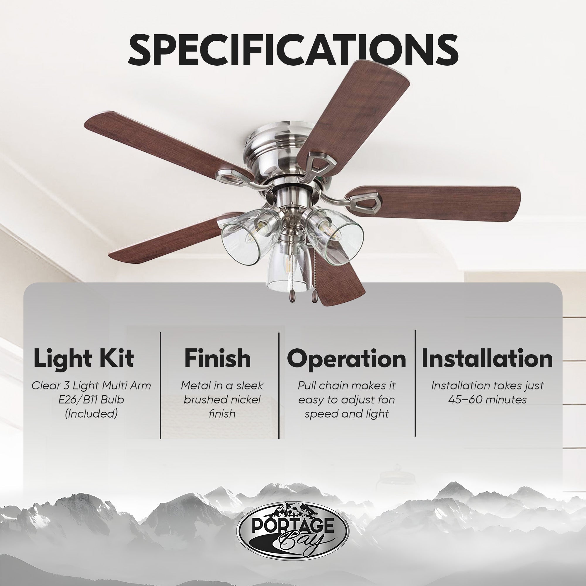 Portage Bay Renton Ceiling Fan, Quiet Reversible Motor, 42 Inch, Nickel (Used) - VMInnovations