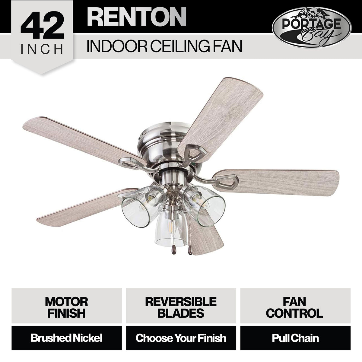 Portage Bay Renton Ceiling Fan, Quiet Reversible Motor, 42 Inches(Open Box)