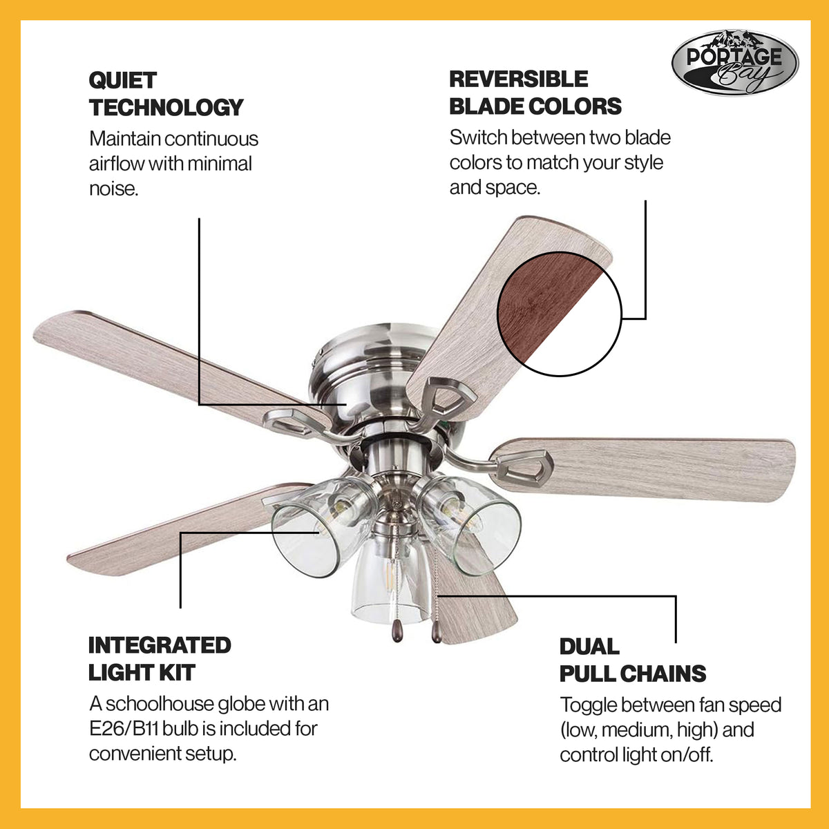 Portage Bay Renton Ceiling Fan, Quiet Reversible Motor, 42 Inches(Open Box)