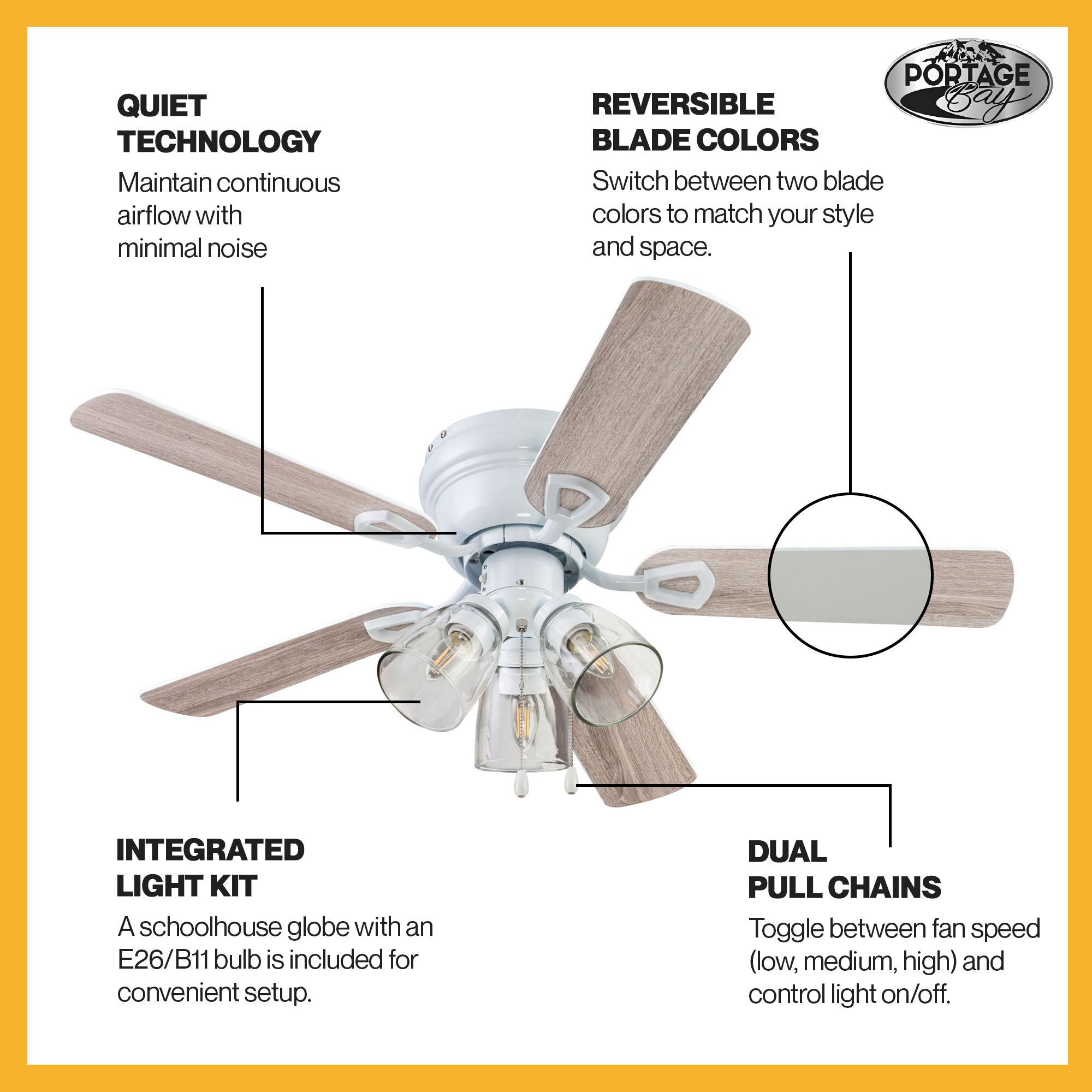 Portage Bay Renton Ceiling Fan with 5 Reversible Blades & Motor, 42", White - VMInnovations