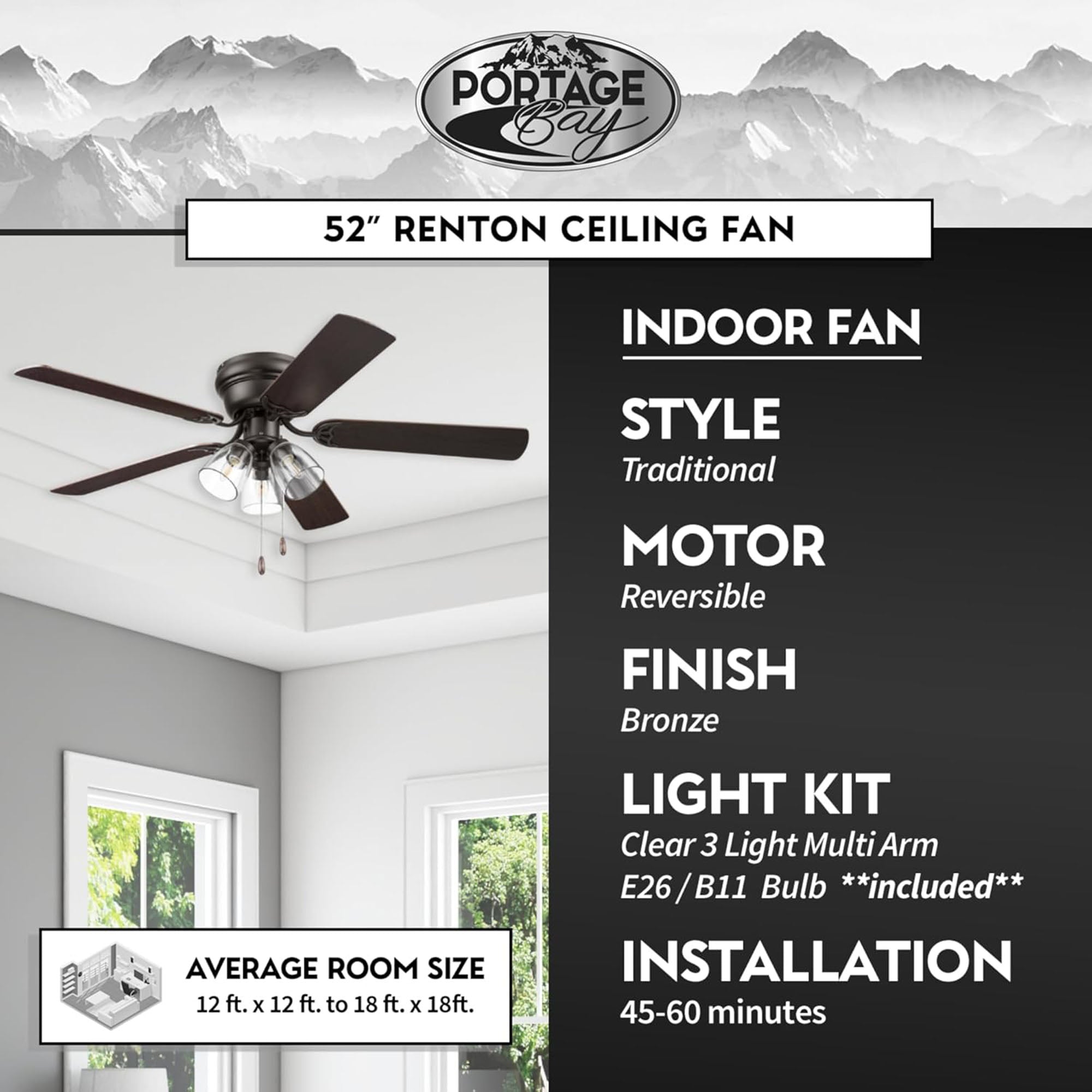 Portage Bay Renton Ceiling Fan with Reversible Motor, 52 Inch, Bronze (Open Box) - VMInnovations