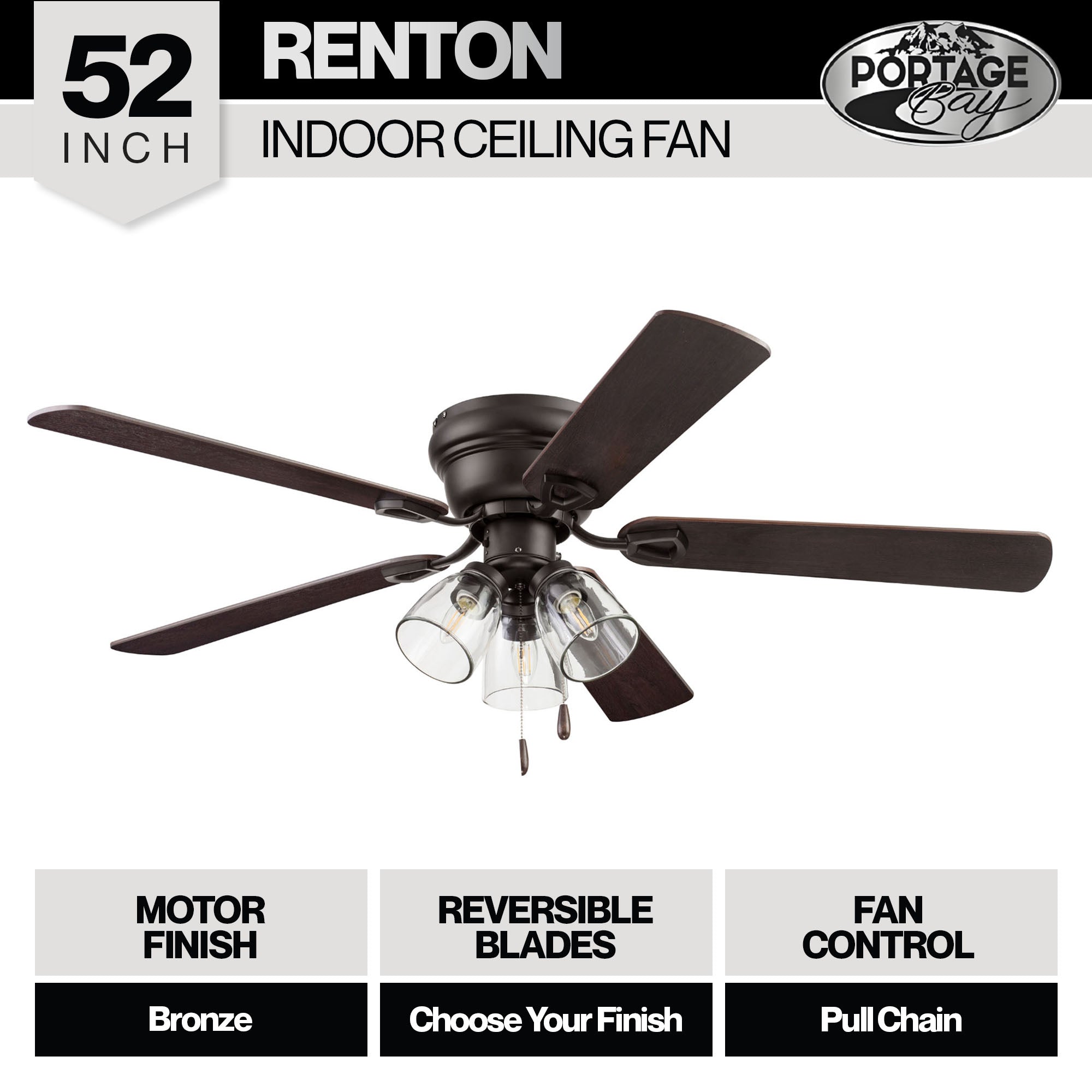 Portage Bay Renton Ceiling Fan with Quiet, Reversible Motor, 52 Inch, Bronze