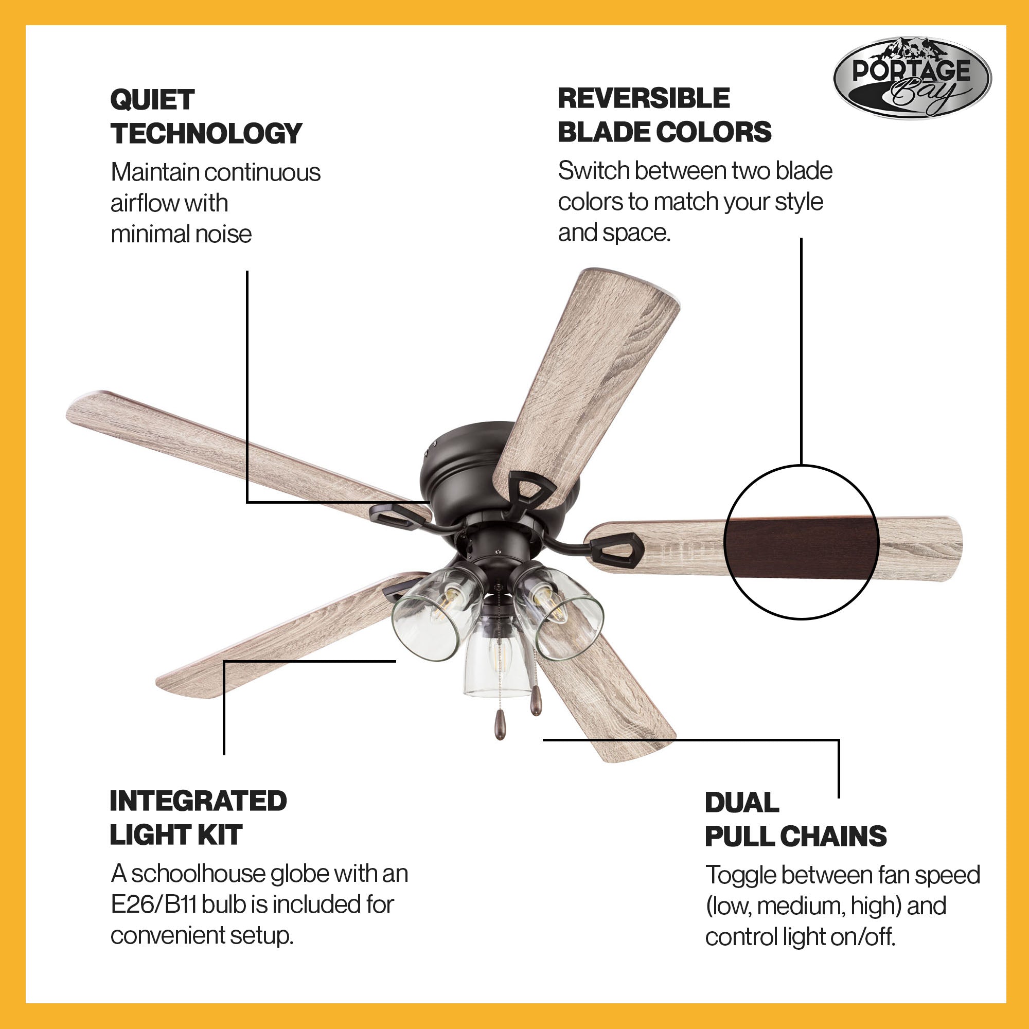 Portage Bay Renton Ceiling Fan with Quiet, Reversible Motor, 52 Inch, Bronze