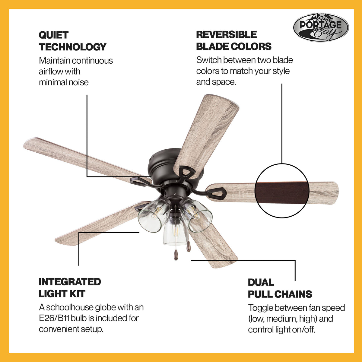 Portage Bay Renton Ceiling Fan with Quiet, Reversible Motor, 52 Inch, Bronze