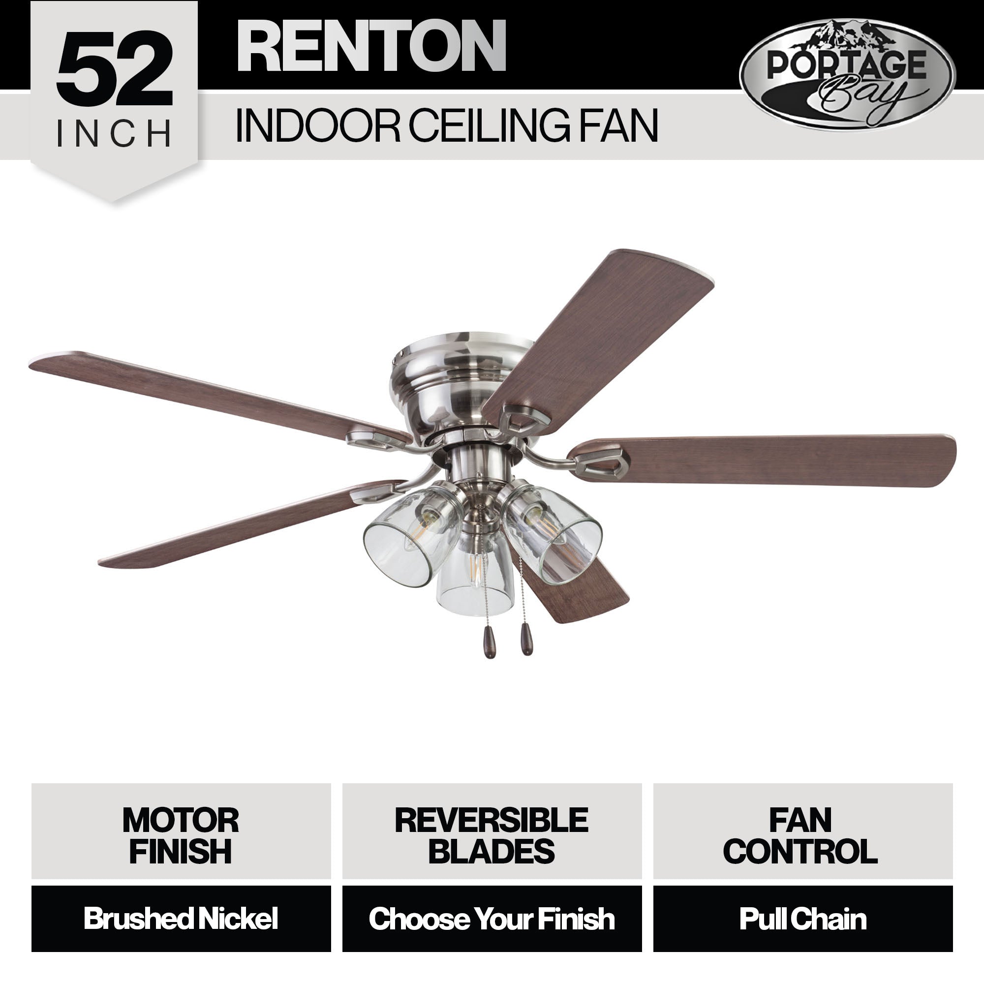 Portage Bay Renton Ceiling Fan with Quiet, Reversible Motor, 52", Brushed Nickel - VMInnovations